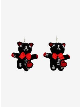 Black Stitched Teddy Bear Plush Earrings, , hi-res
