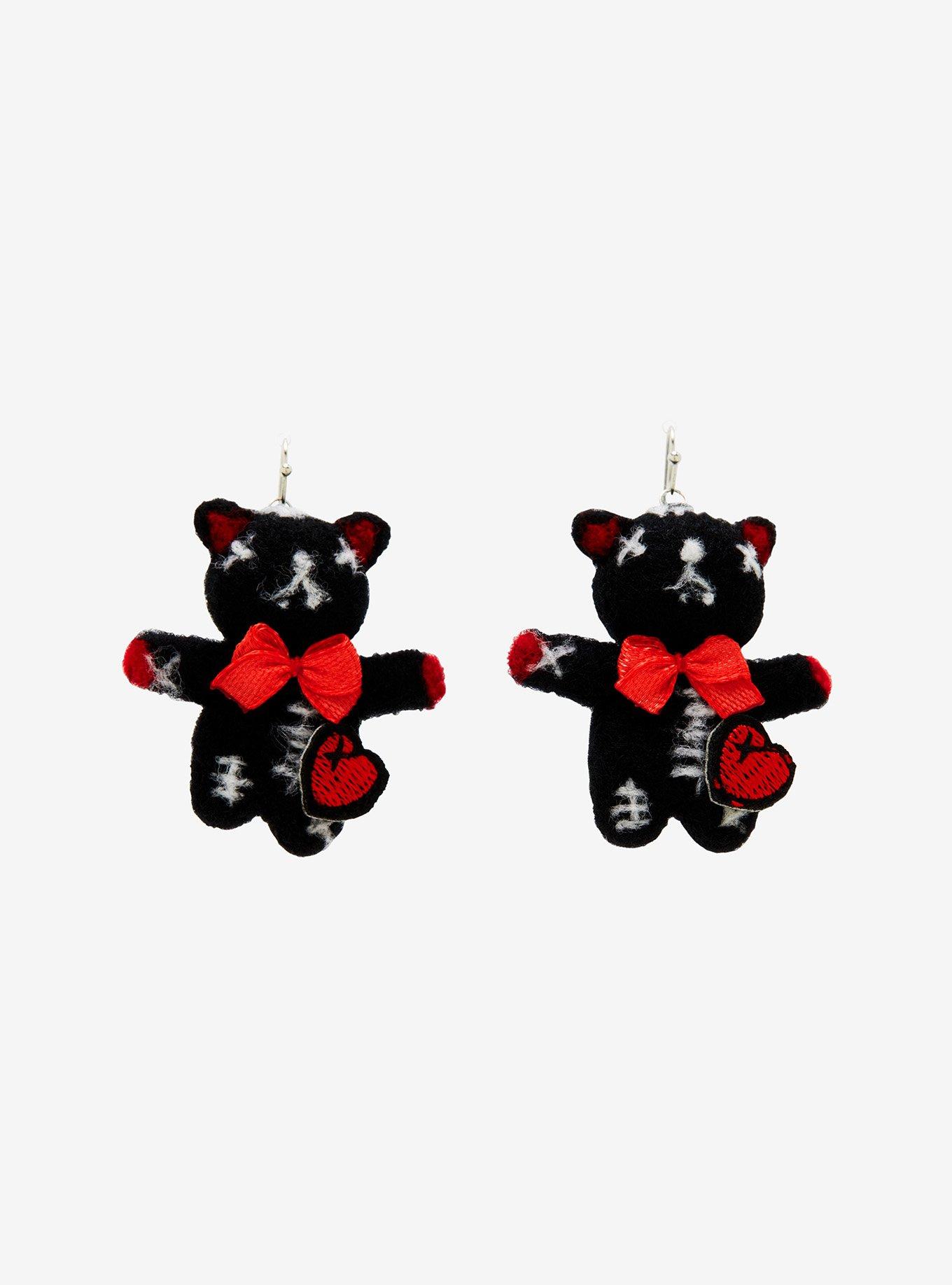 Black Stitched Teddy Bear Plush Earrings, , hi-res