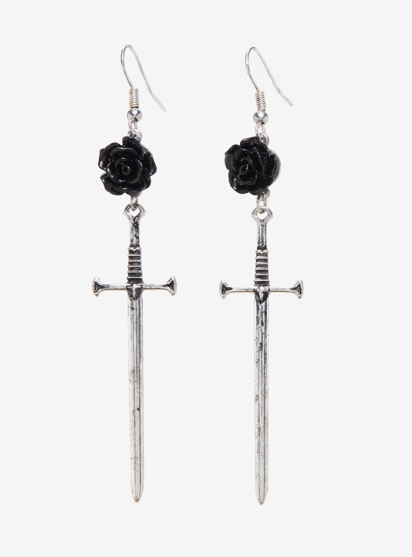 Black Rose Sword Drop Earrings
