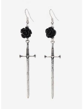 Black Rose Sword Drop Earrings, , hi-res