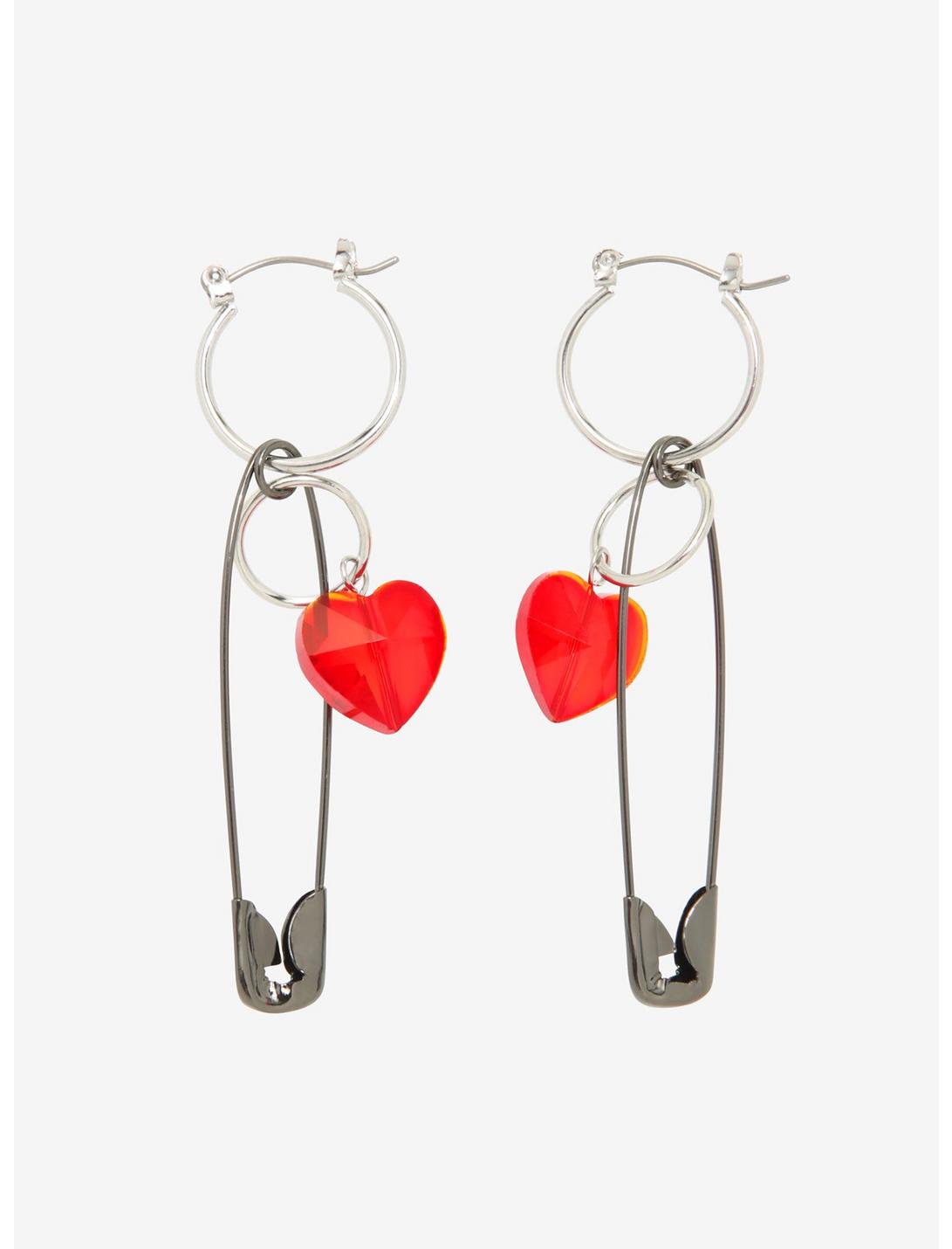Safety Pin Heart Drop Earrings, , hi-res