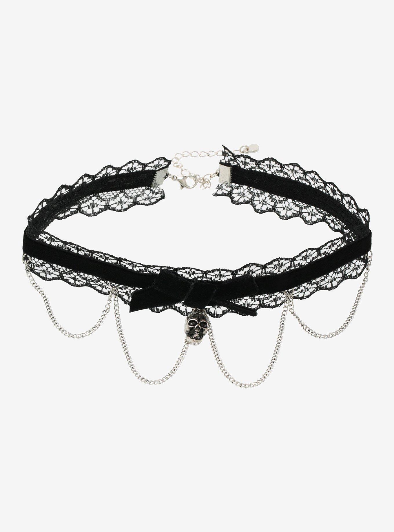 Black Skull Satin Lace Choker, , hi-res