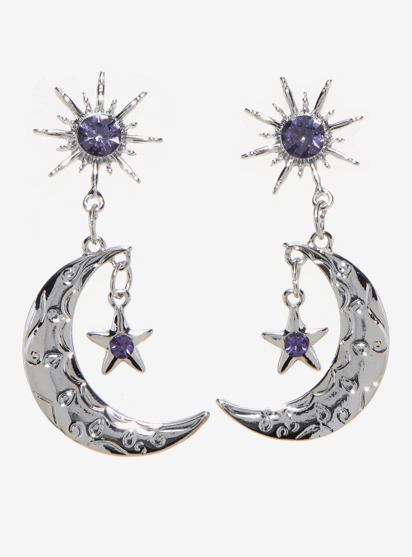 Purple Gem Celestial Moon Earrings, , hi-res