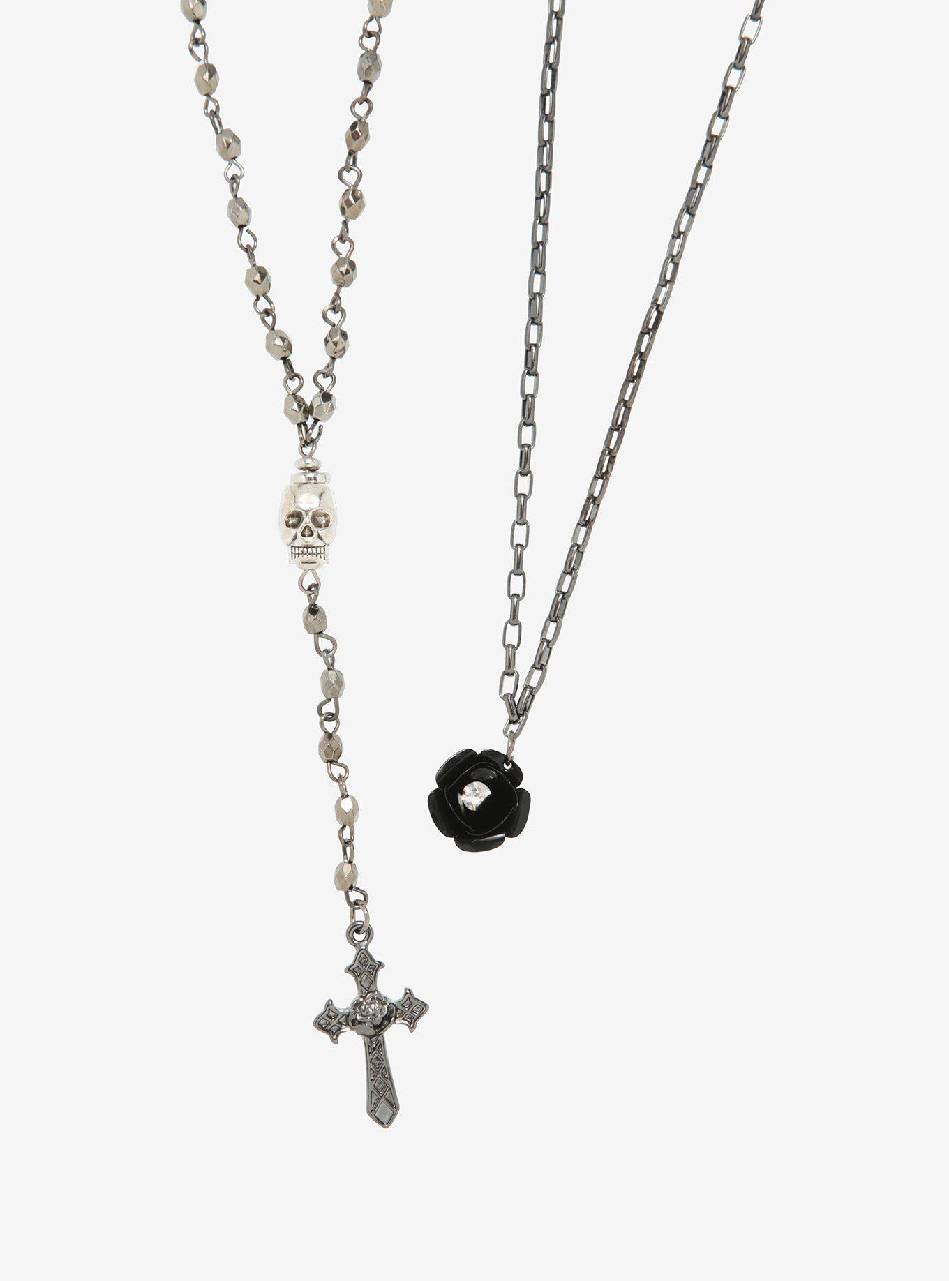 Skull Cross Flower Rosary Necklace Set, , hi-res