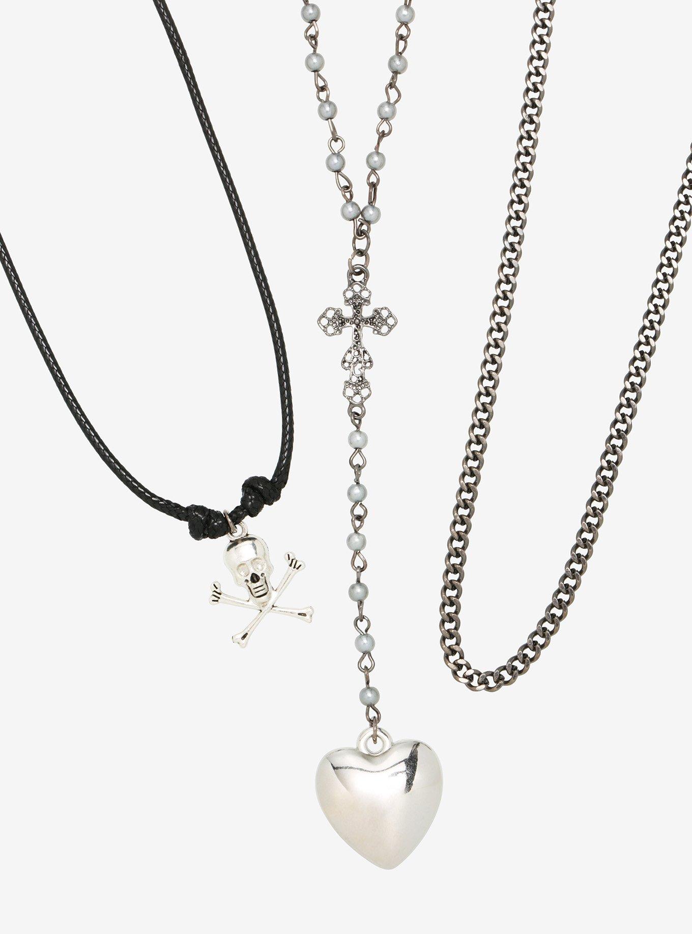Heart Rosary Skull Necklace Set, , hi-res