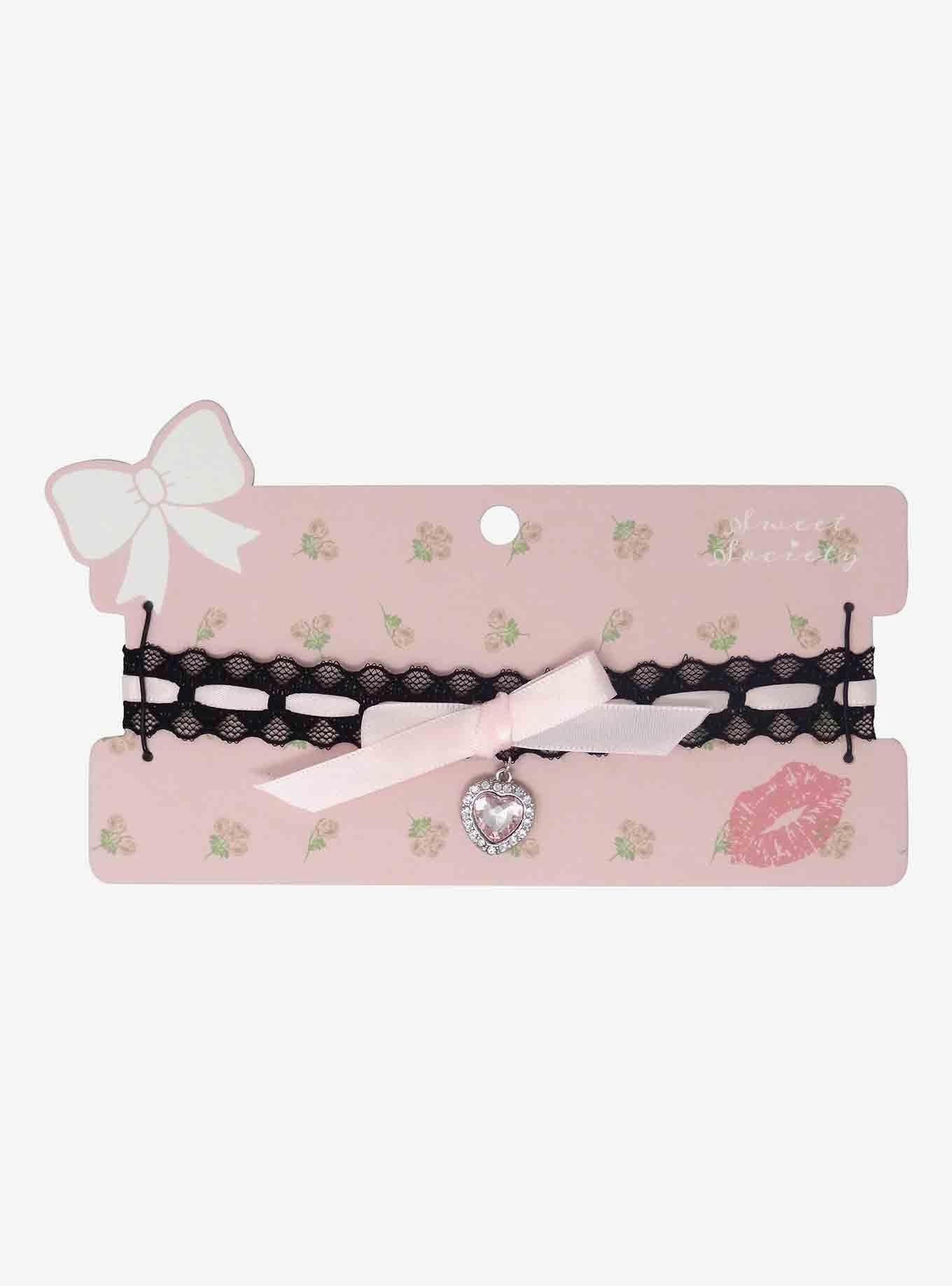 Black & Pink Lace Heart Gem Choker, , hi-res