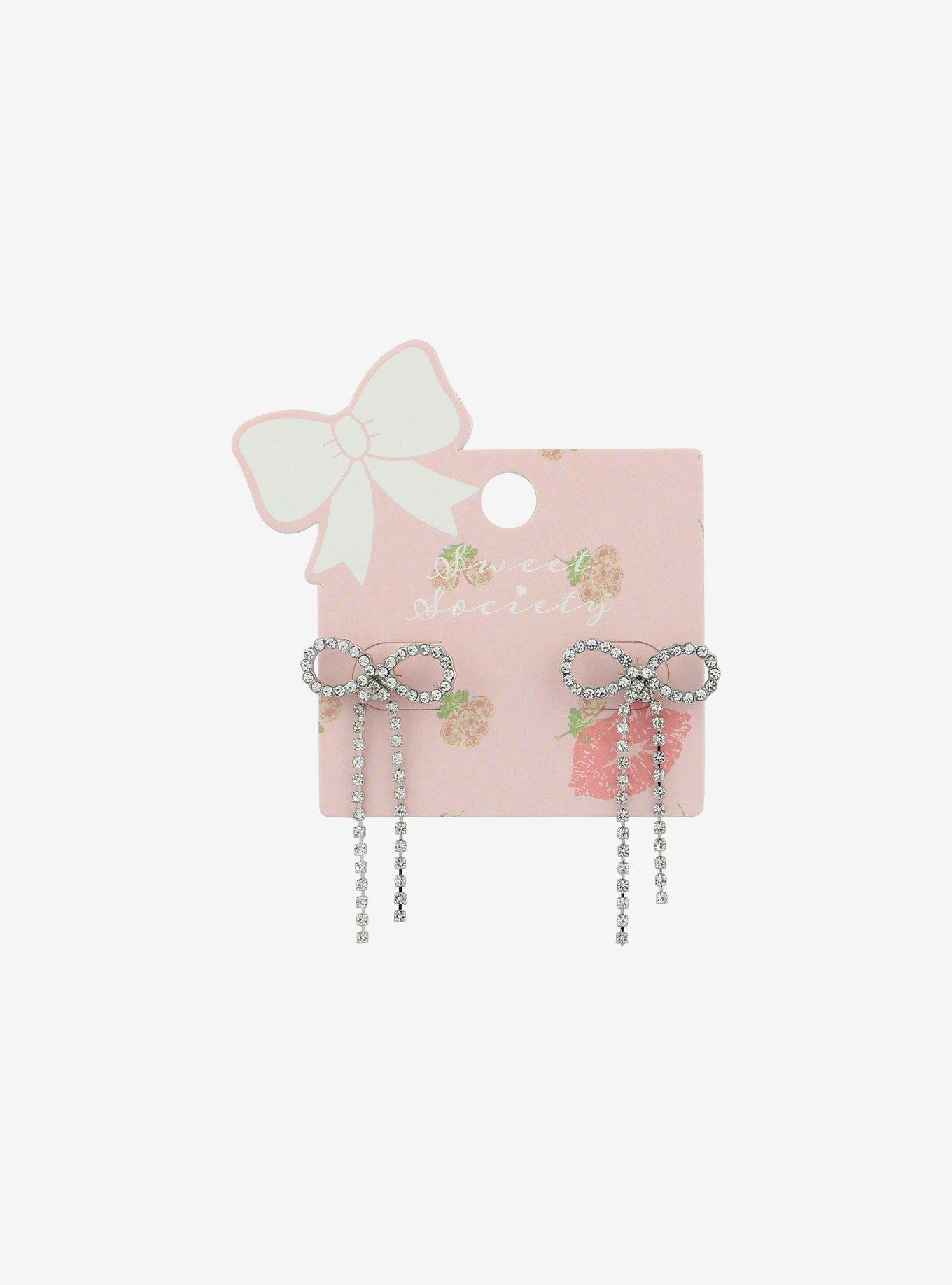 Silver Rhinestone Bow Stud Earrings, , hi-res