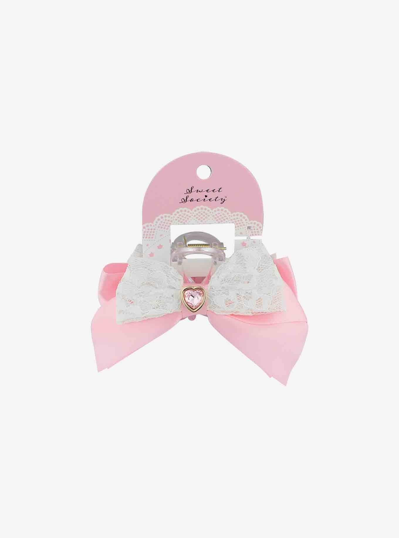 Pink Lace Bow Claw Hair Clip, , hi-res