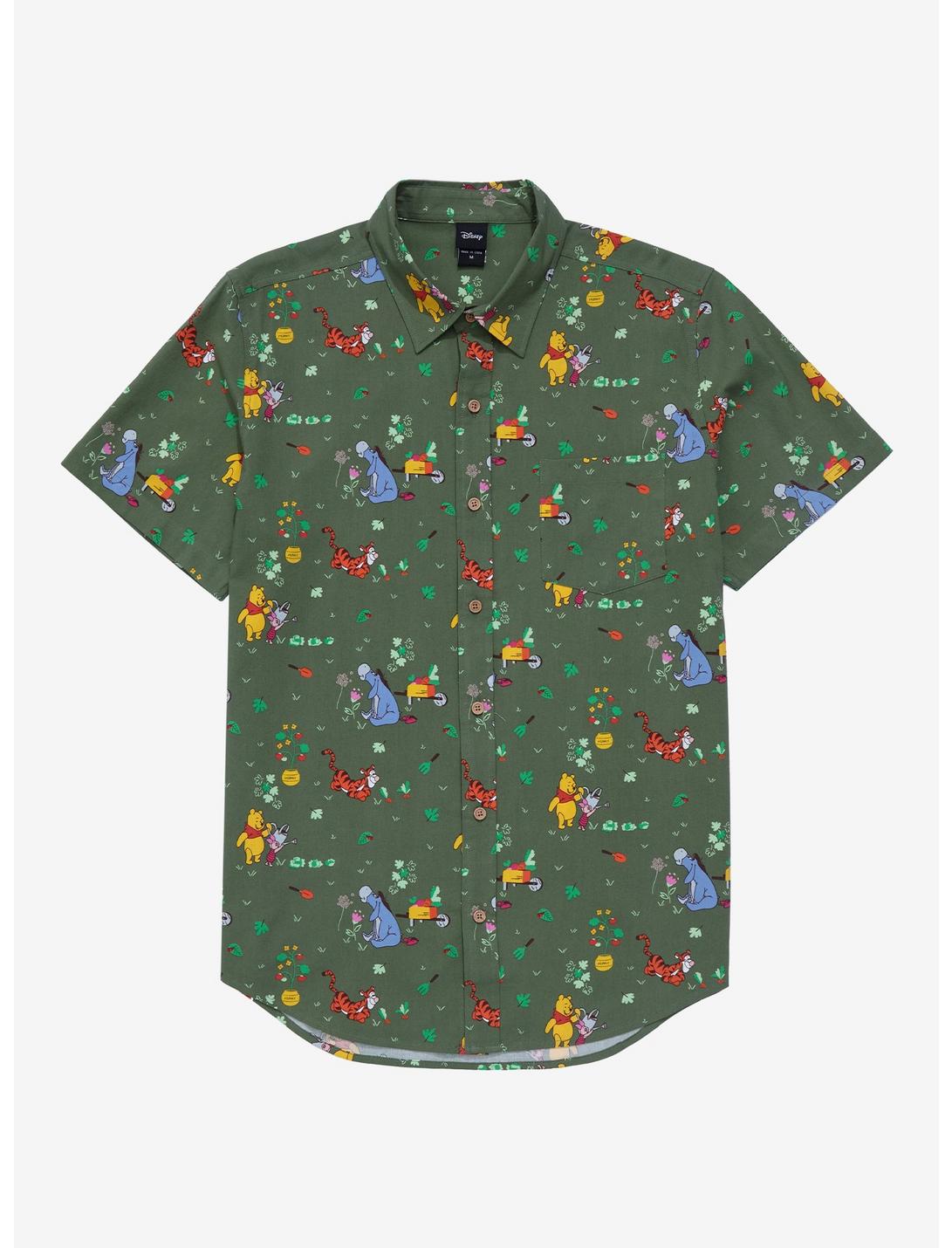 Disney Winnie The Pooh Earth Day Allover Print Woven Button-Up - BoxLunch Exclusive, FOREST GREEN, hi-res