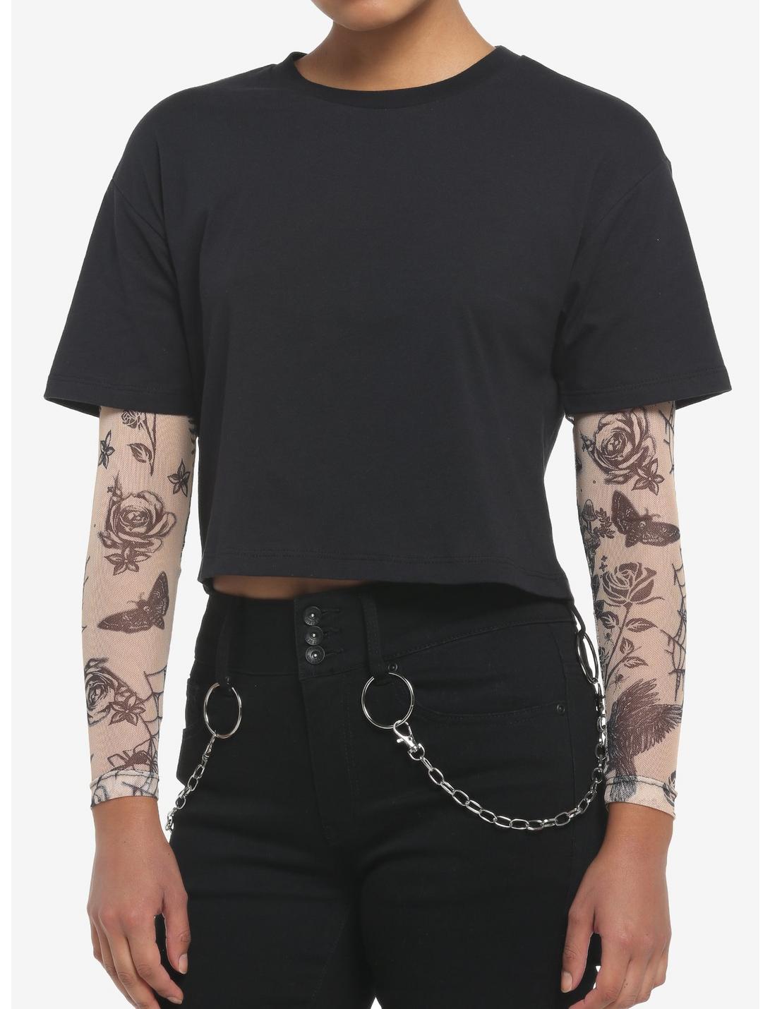 Tattoo Mesh Twofer Girls Crop Long-Sleeve T-Shirt, MULTI, hi-res