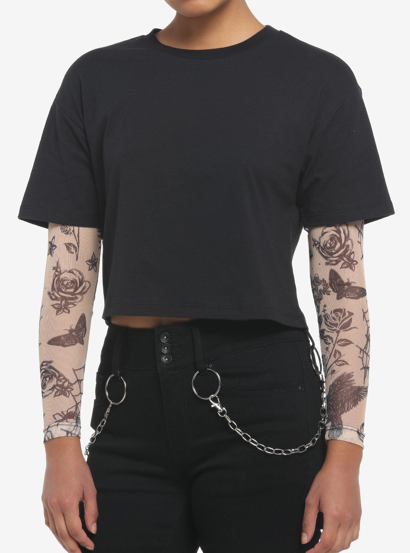 Tattoo Mesh Twofer Girls Crop Long-Sleeve T-Shirt, MULTI, hi-res