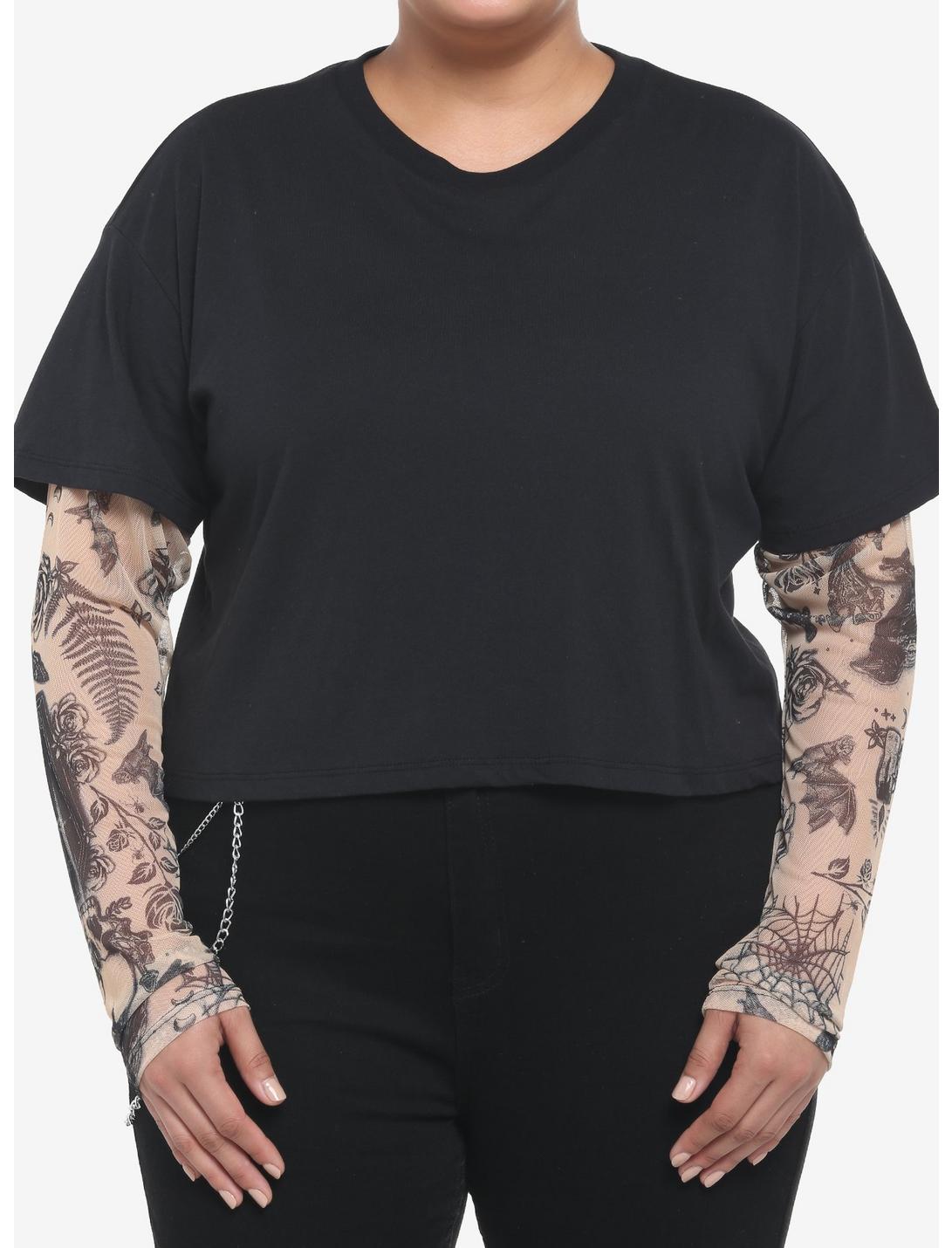 Tattoo Mesh Twofer Girls Crop Long-Sleeve T-Shirt Plus Size, MULTI, hi-res