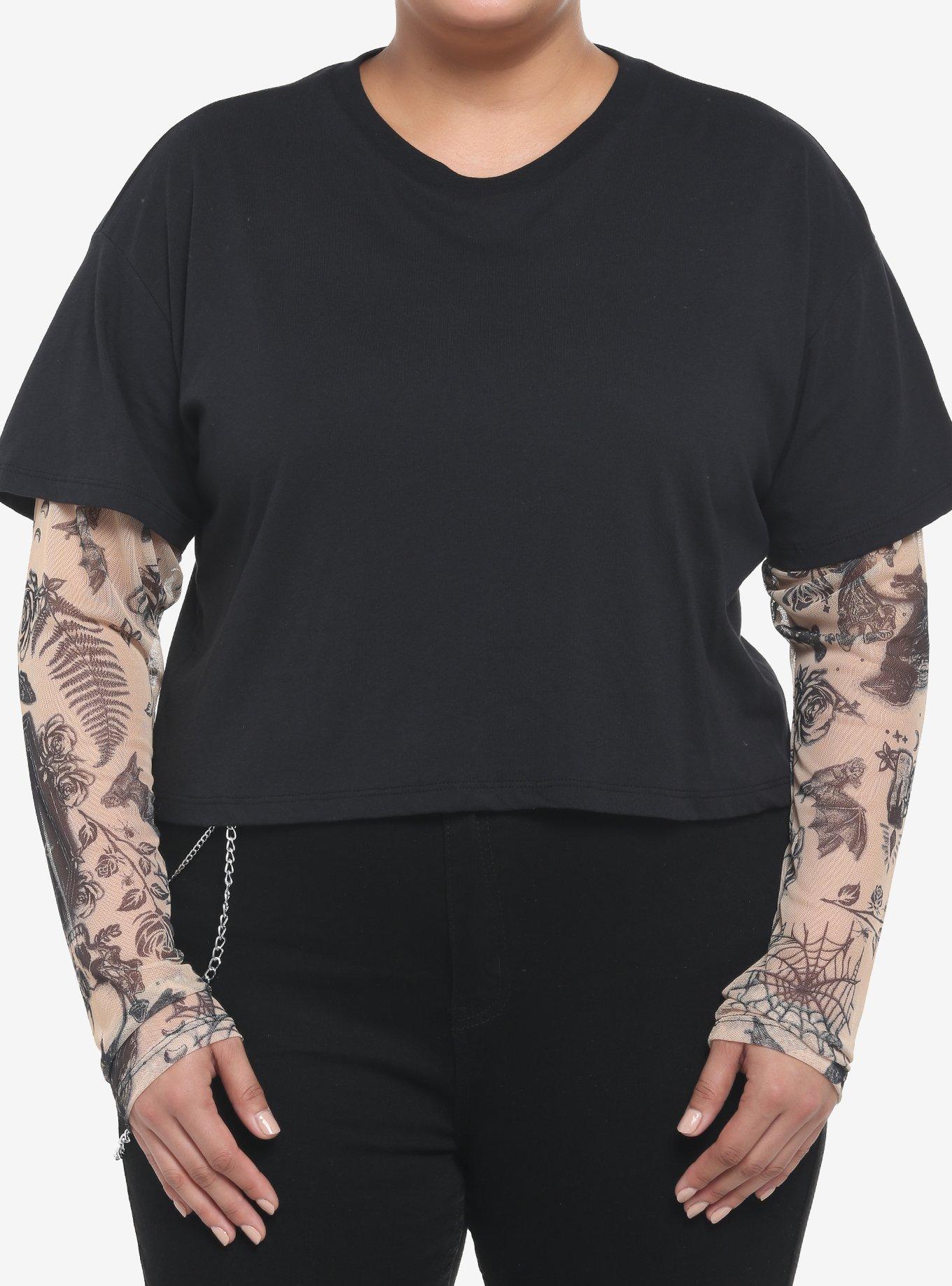 Tattoo Mesh Twofer Girls Crop Long-Sleeve T-Shirt Plus Size, MULTI, hi-res