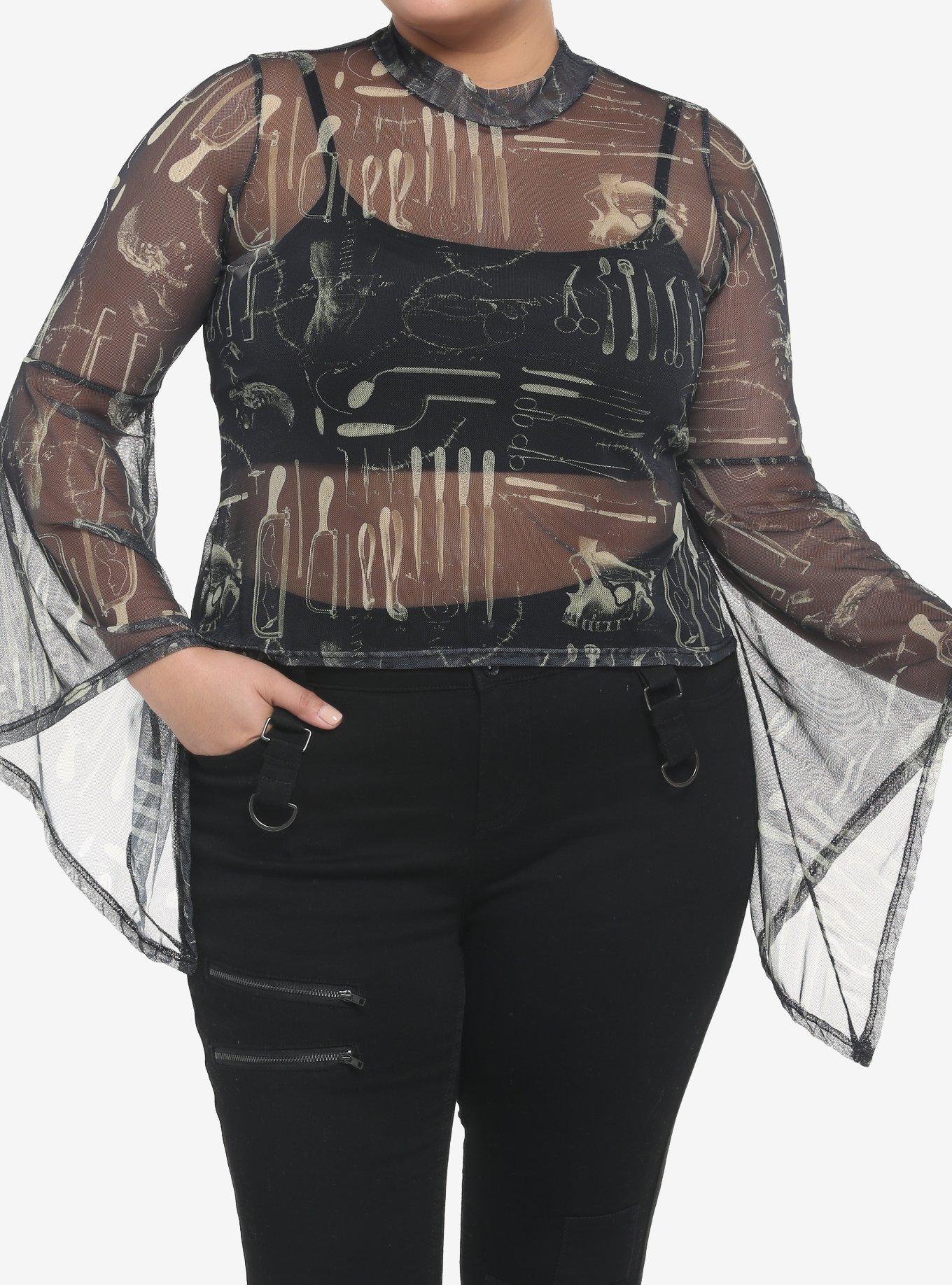 Surgery Tools Black Mesh Mock Neck Girls Top Plus Size, MULTI, hi-res