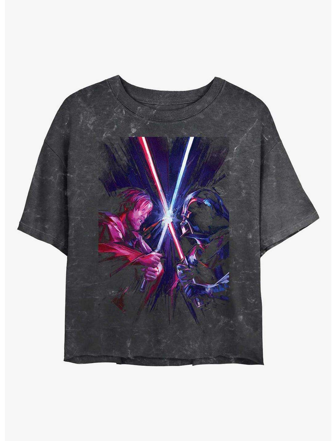 Star Wars Kenobi and Vader Saber Clash Mineral Wash Girls Crop T-Shirt, BLACK, hi-res