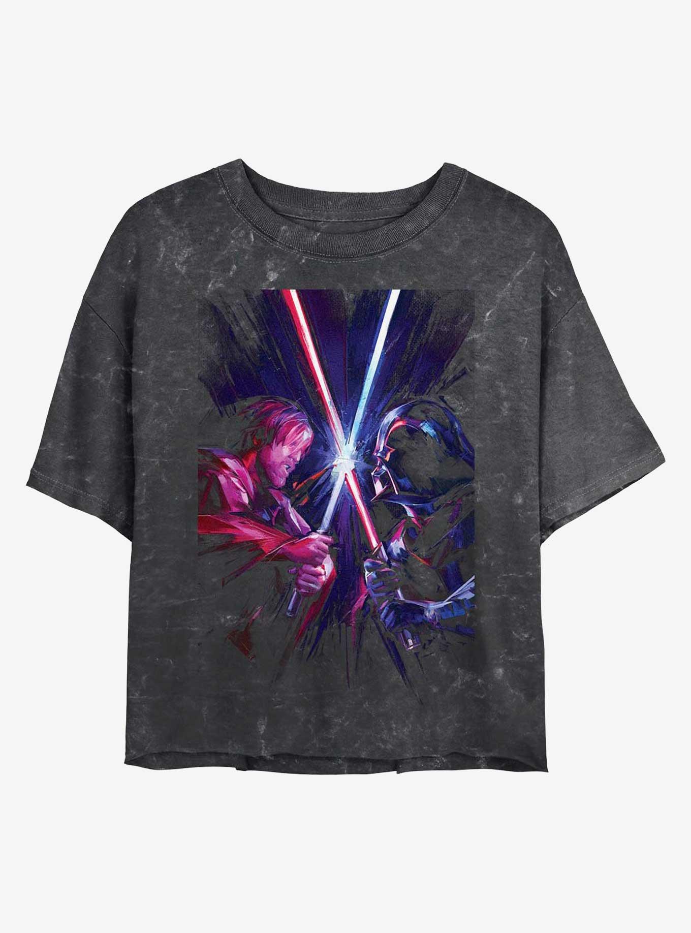 Star Wars Kenobi and Vader Saber Clash Mineral Wash Girls Crop T-Shirt, BLACK, hi-res