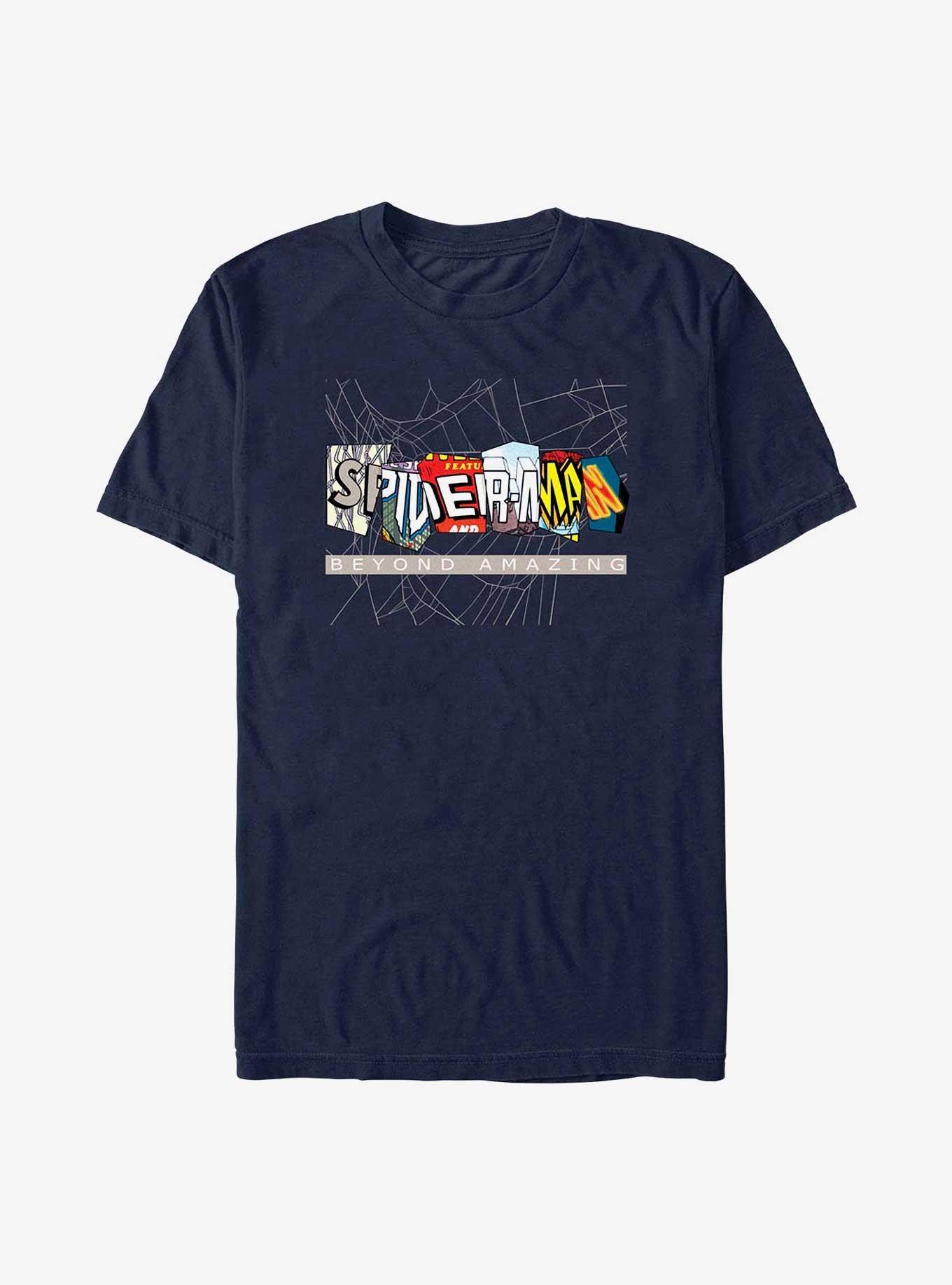 Marvel Spider-Man 60th Anniversary Comic Clippings Beyond Amazing Logo T-Shirt, NAVY, hi-res