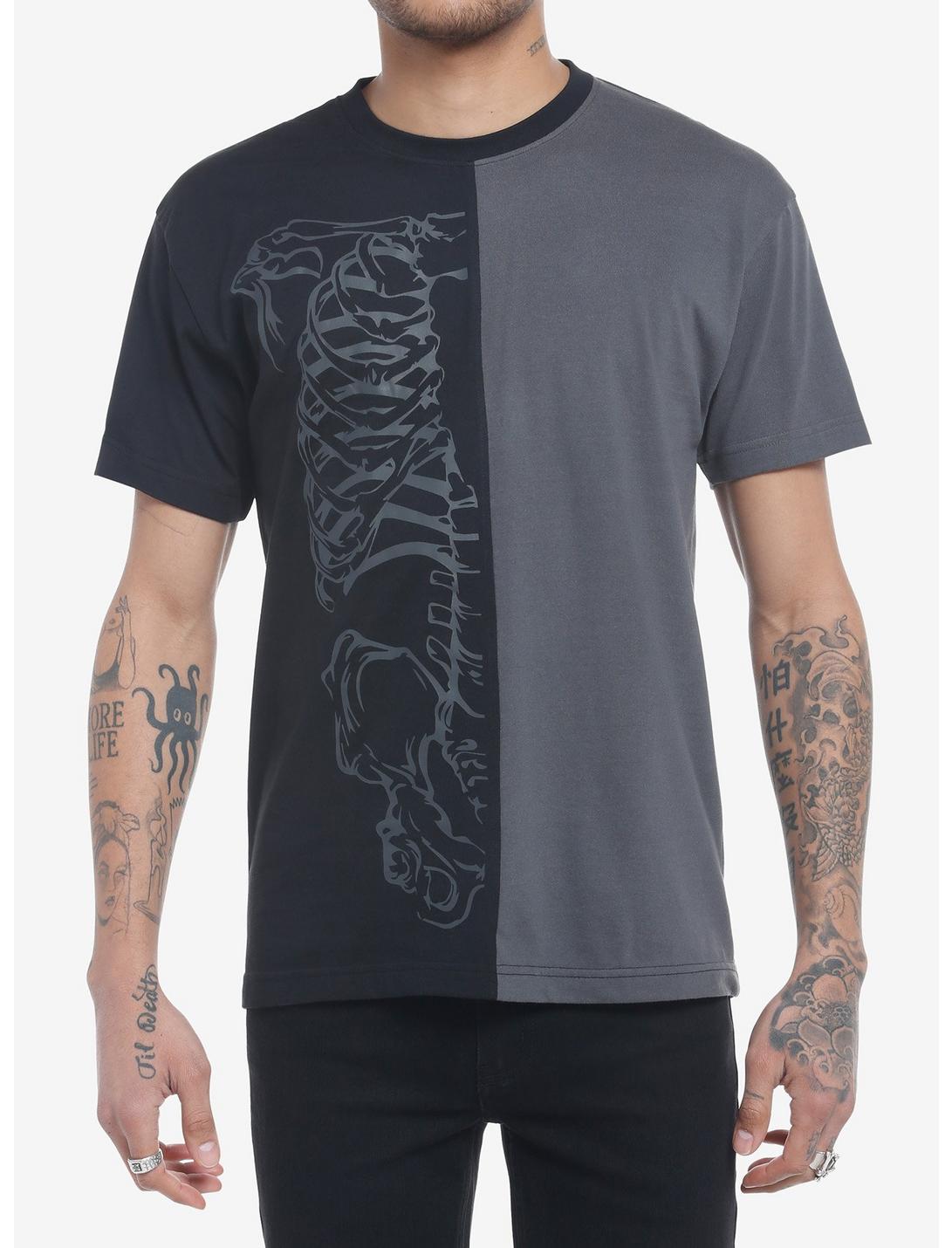 Black & Grey Split Skeleton T-Shirt, BLACK, hi-res