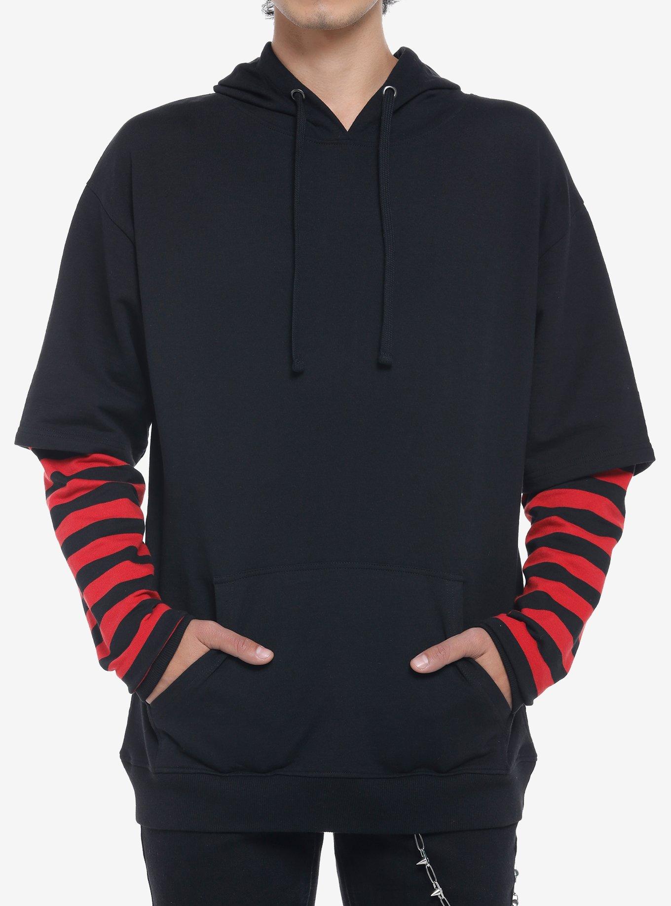 Red & Black Stripe Long-Sleeve Twofer Hoodie