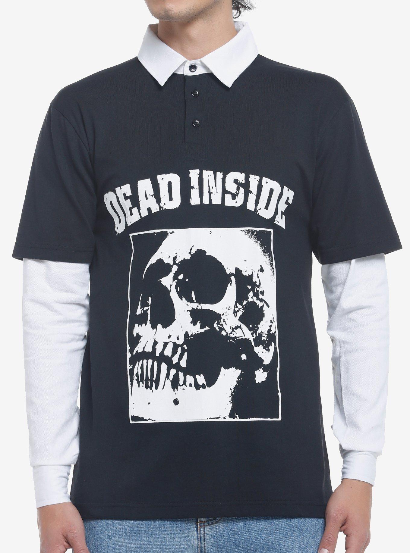 Dead Inside Skull Twofer Long-Sleeve Polo Shirt, BLACK, hi-res