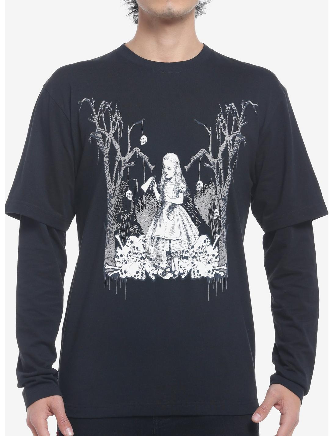 Dark Alice In Wonderland Skulls TwoFer Long-Sleeve T-Shirt, BLACK, hi-res
