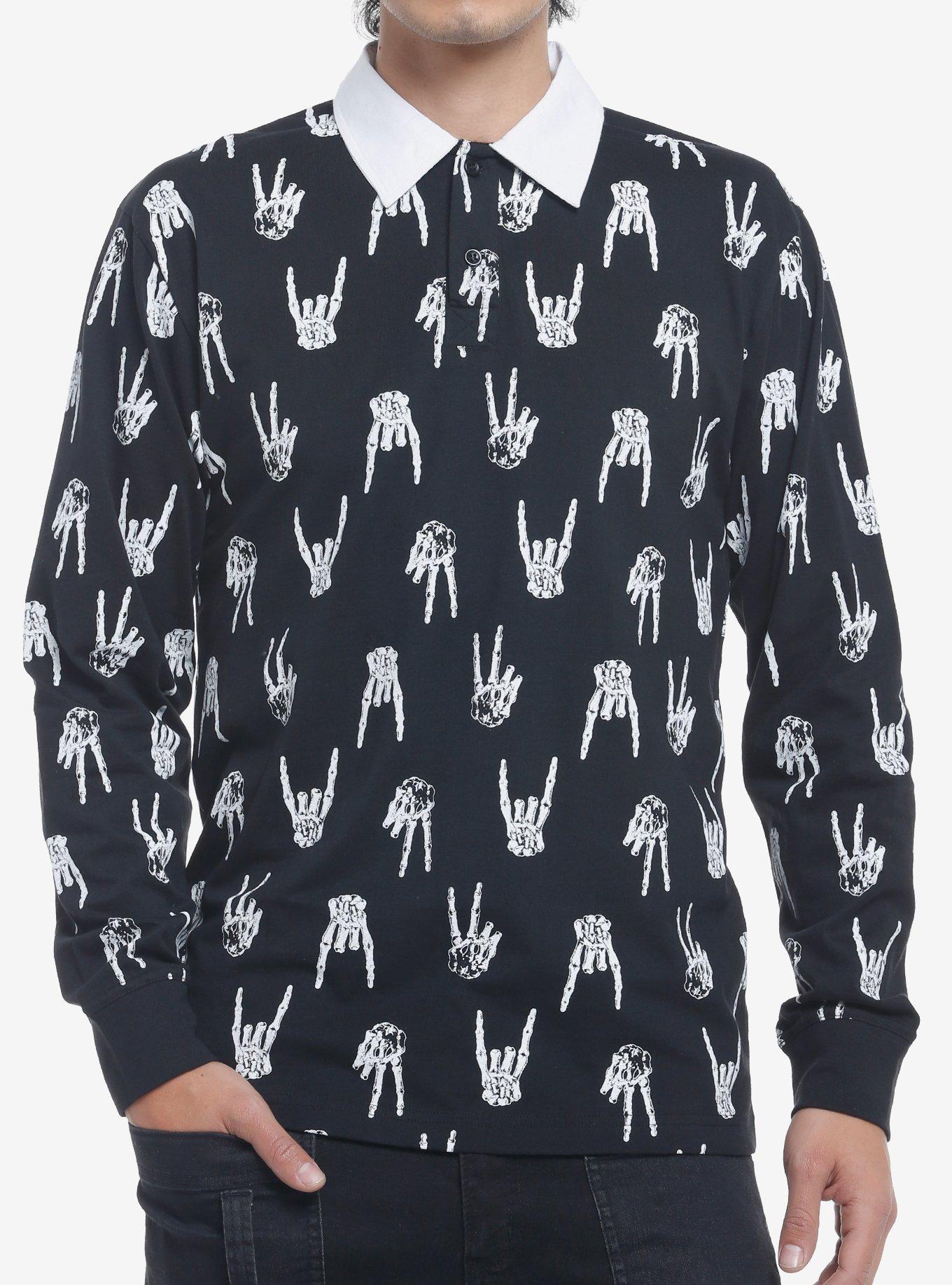 Skeleton Hands Long-Sleeve Polo Shirt, BLACK, hi-res