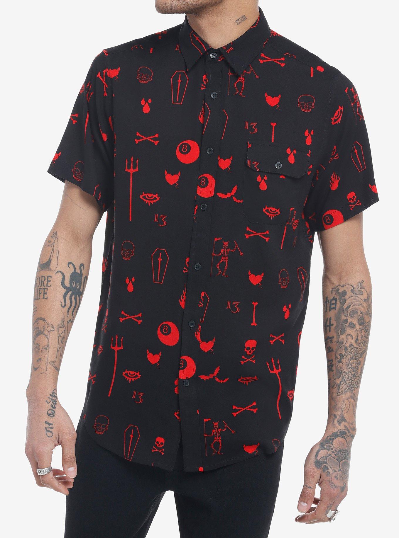 Black & Red Dark Symbols Woven Button-Up, BLACK, hi-res