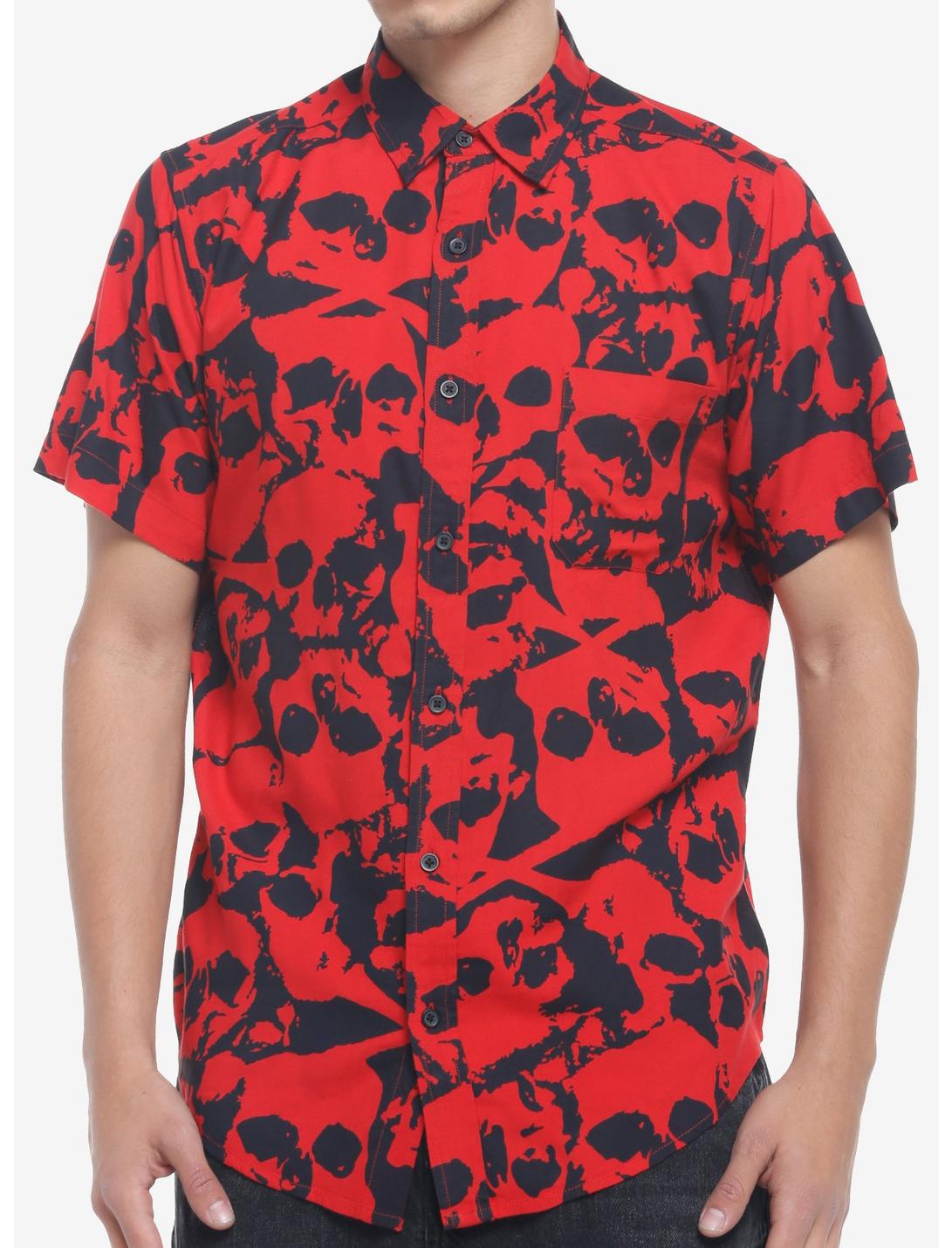 Red Skull Woven Button-Up, BLACK, hi-res