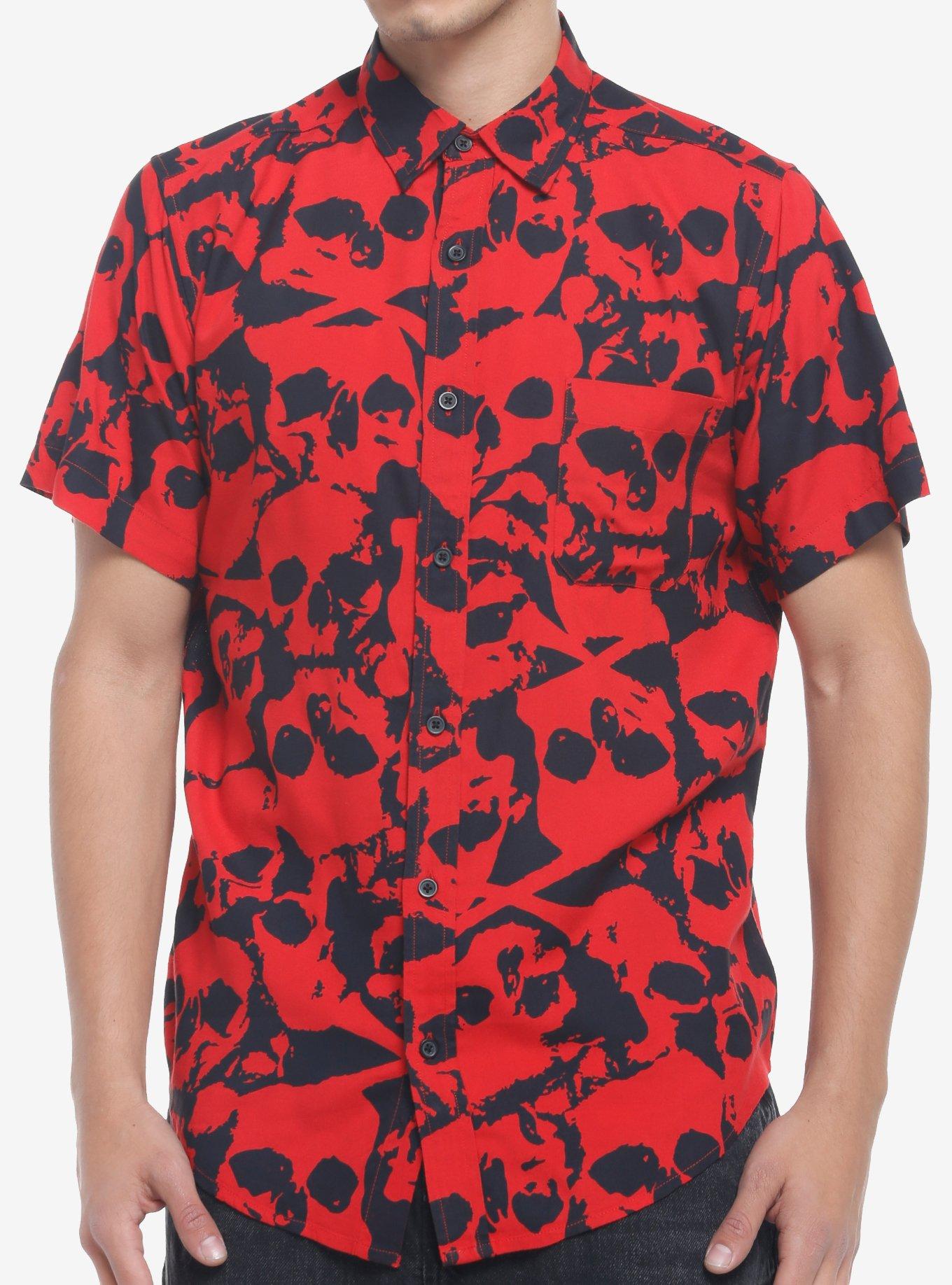 Red Skull Woven Button-Up, BLACK, hi-res