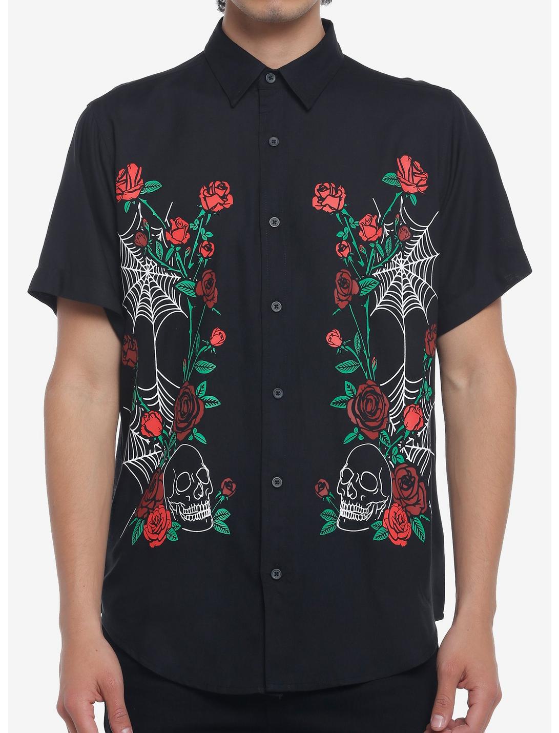 Skull Rose Spiderweb Woven Button-Up, BLACK, hi-res