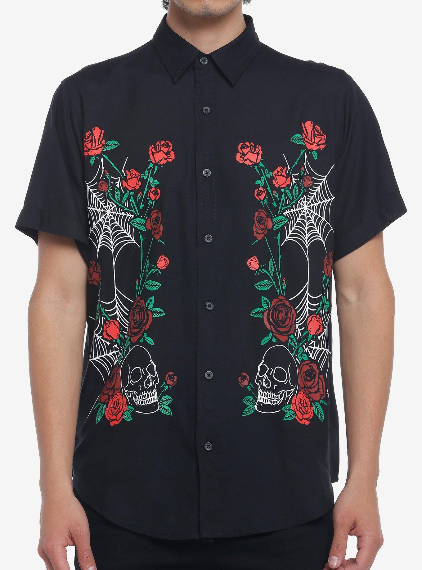 Skull Rose Spiderweb Woven Button-Up, BLACK, hi-res