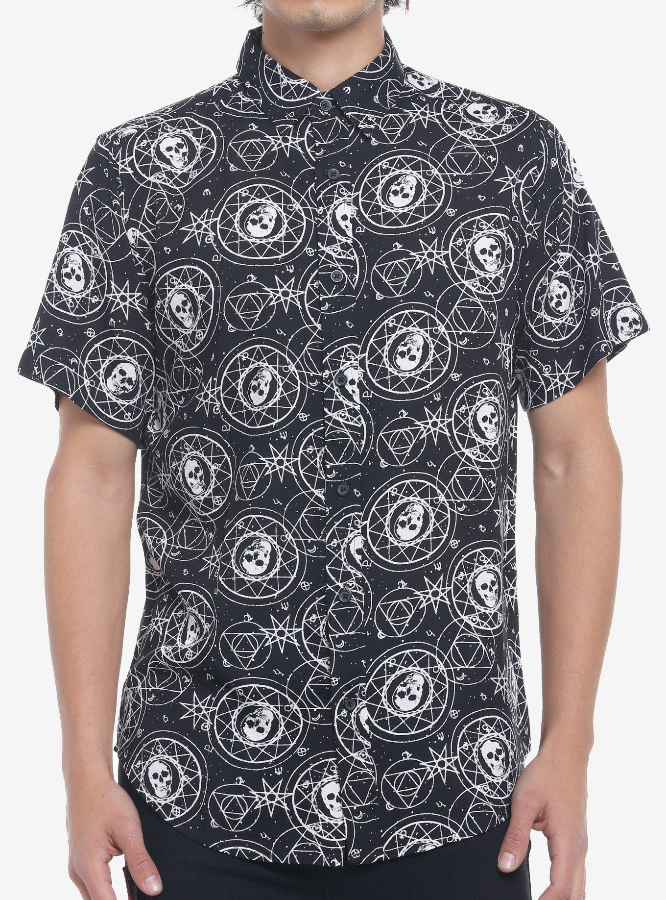 Skull Celestial Chart Woven Button-Up, BLACK, hi-res