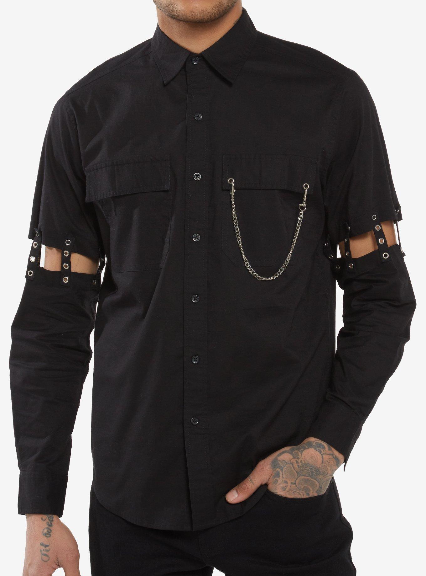 Black Grommet Cutout Straps Long-Sleeve Woven Button-Up, , hi-res