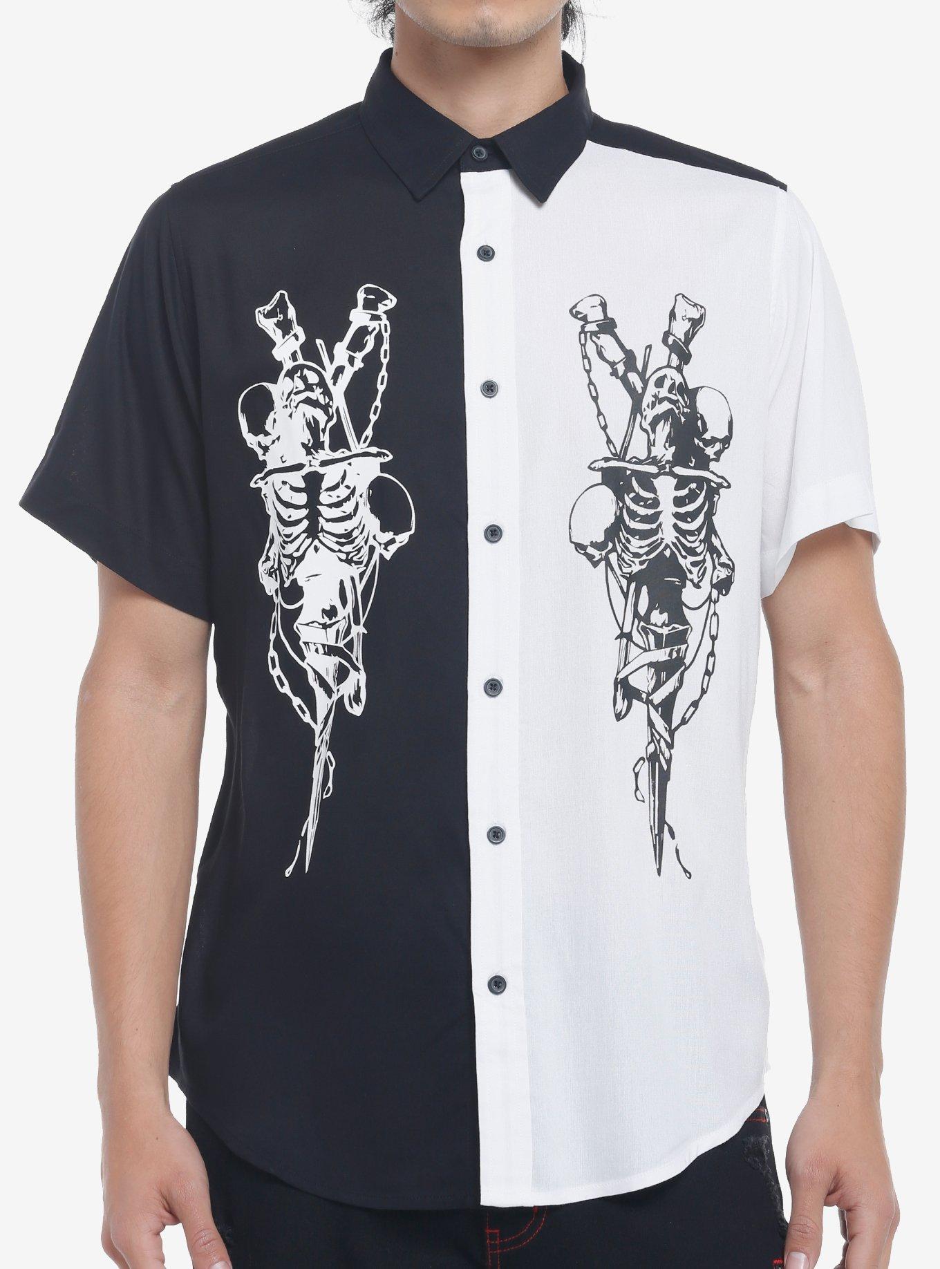 Skeleton Swords Split Woven Button-Up, BLACK  RED, hi-res