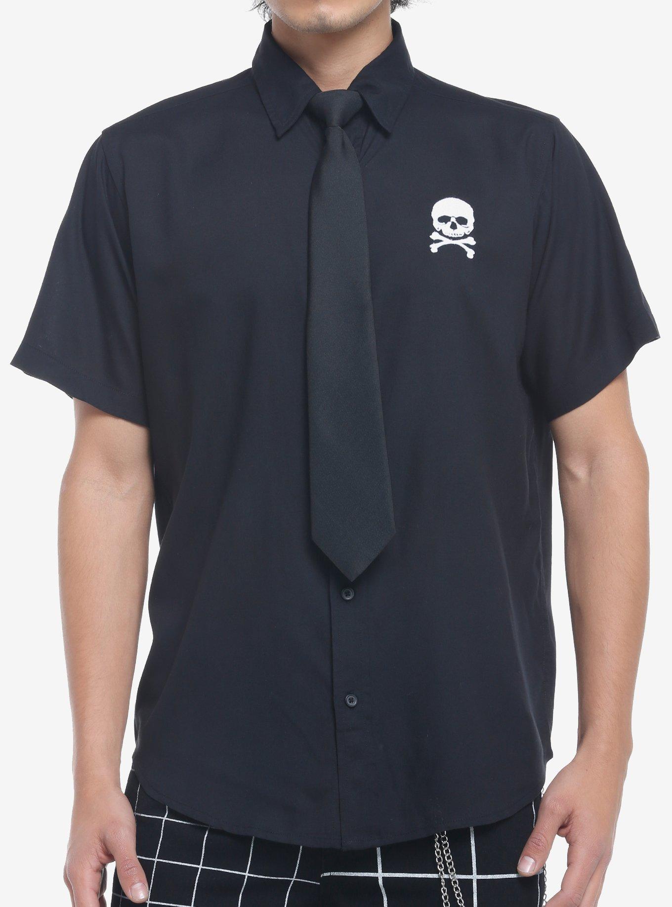 Skull & Black Tie Woven Button-Up, BLACK, hi-res
