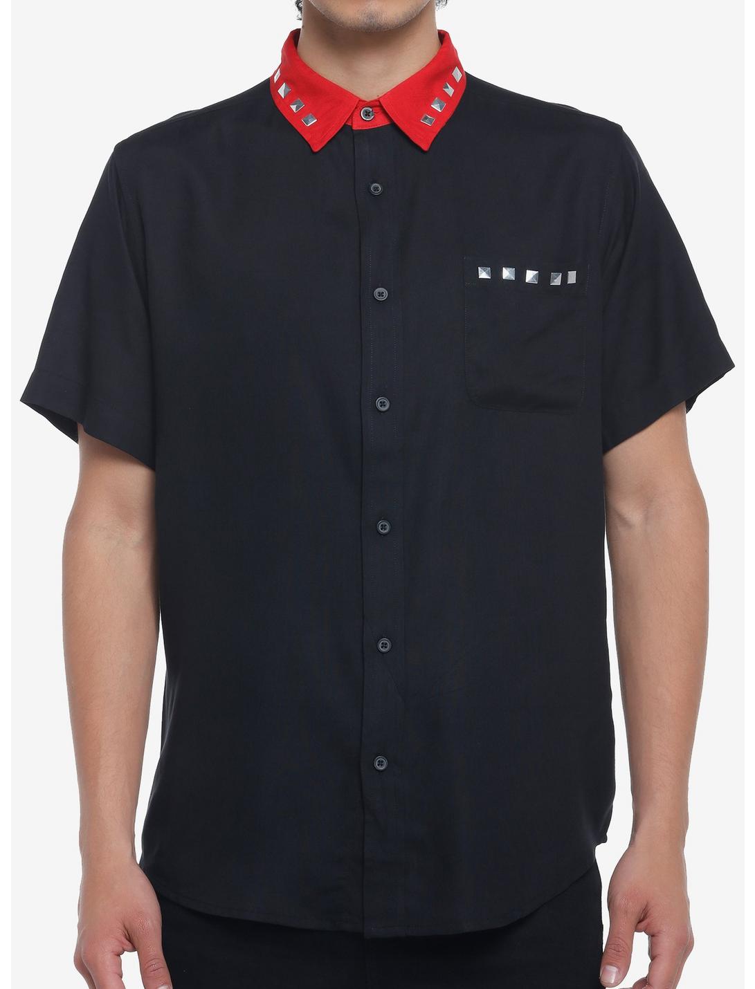 Red Collar Pyramid Stud Collar Woven Button-Up, BLACK, hi-res