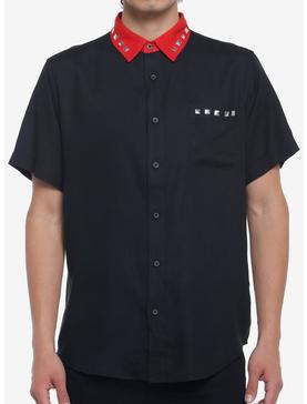 Red Collar Pyramid Stud Collar Woven Button-Up, , hi-res