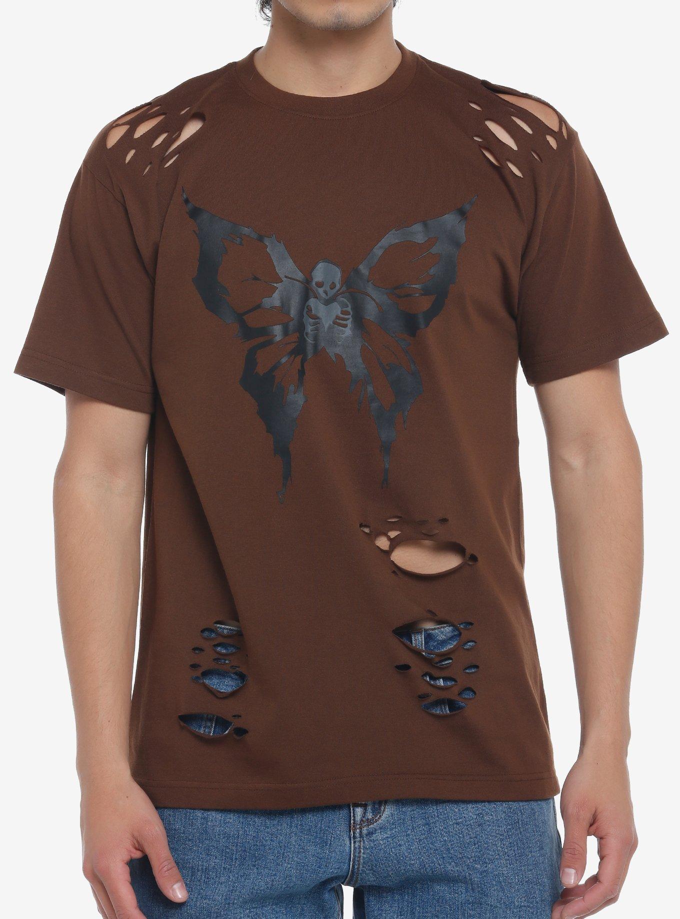 Grunge Butterfly Skull Distressed T-Shirt, BLACK, hi-res
