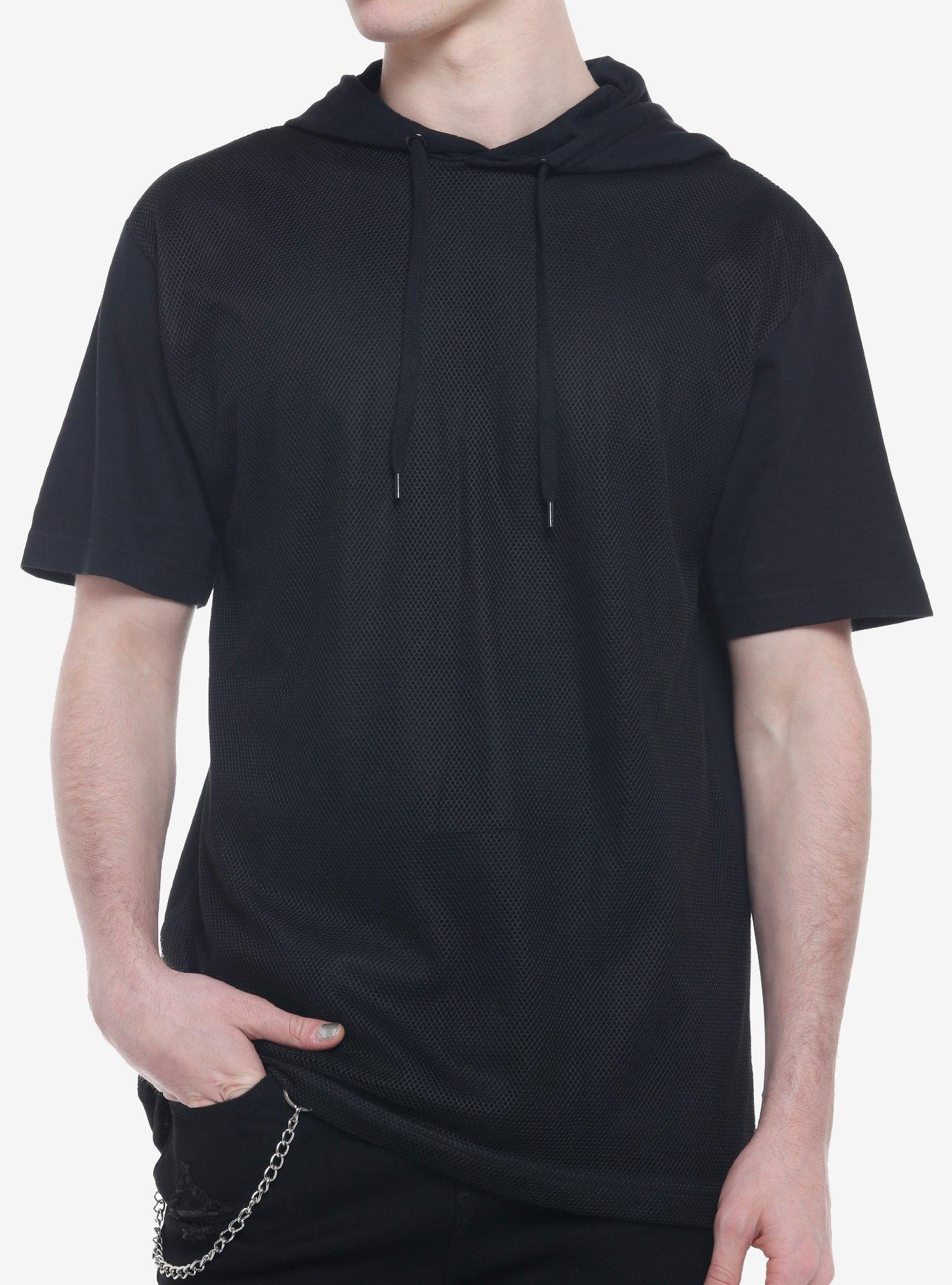 Black Mesh Hooded T-Shirt, BLACK, hi-res