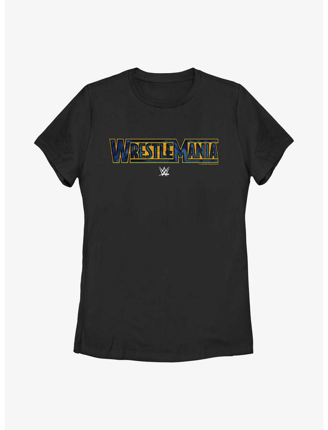WWE WrestleMania Blue & Gold Logo Womens T-Shirt, BLACK, hi-res