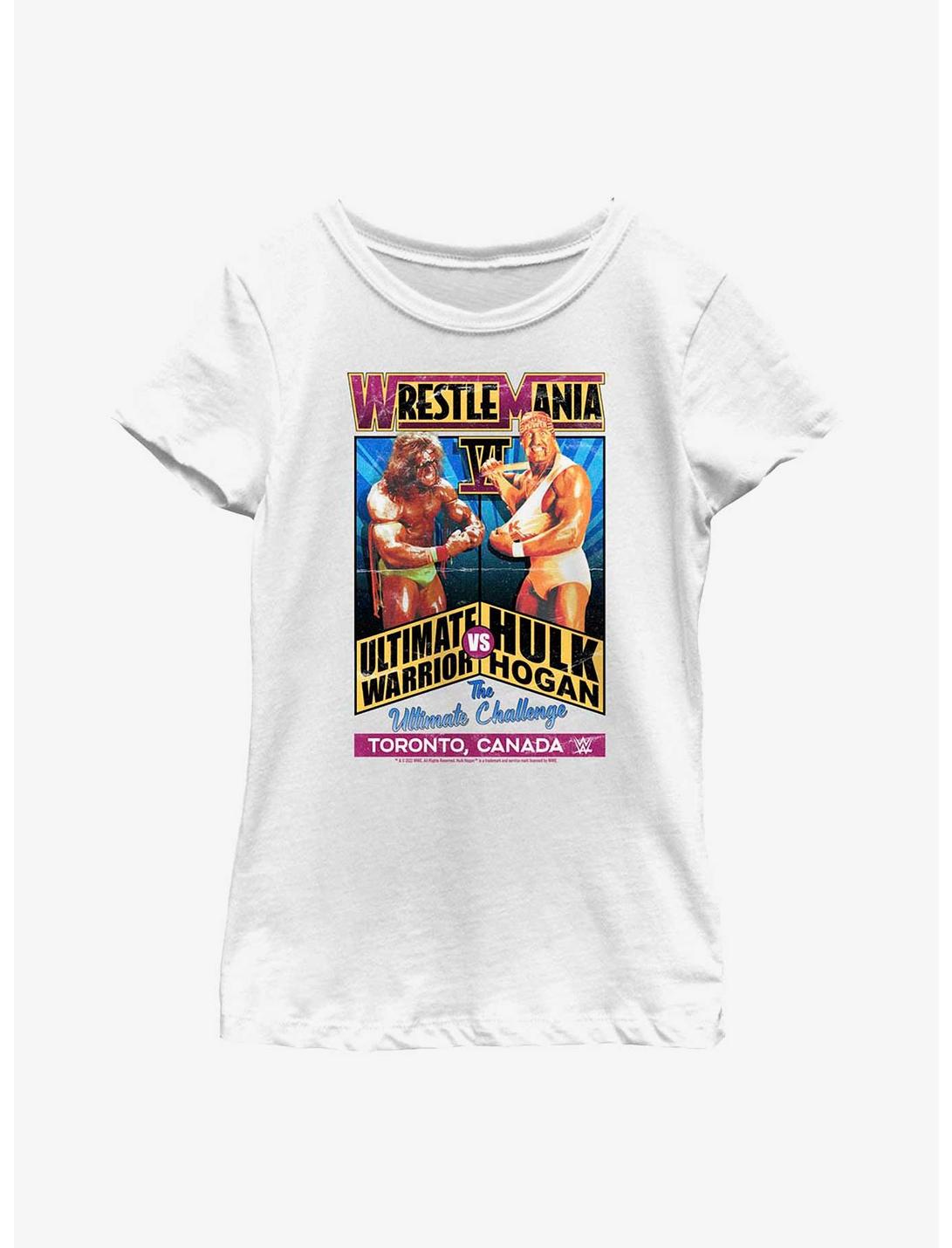 WWE WrestleMania 6 The Ultimate Challenge Ultimate Warrior Vs. Hulk HoganYouth Girls T-Shirt, WHITE, hi-res