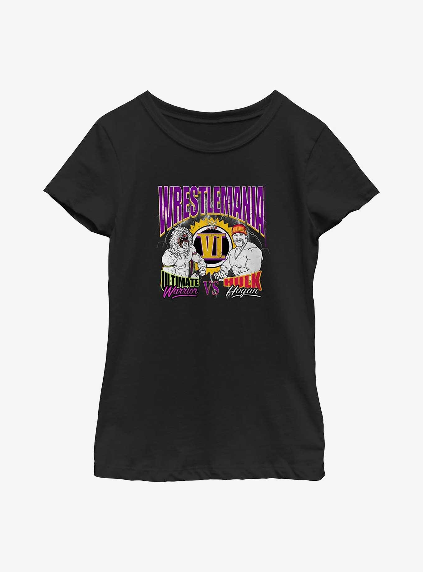 WWE Wrestlemania 6 Ultimate Warrior Vs. Hulk Hogan RetroYouth Girls T-Shirt, BLACK, hi-res