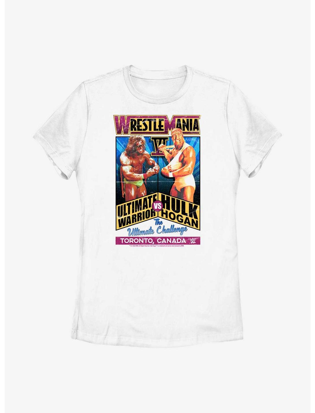 WWE WrestleMania 6 The Ultimate Challenge Ultimate Warrior Vs. Hulk HoganWomens T-Shirt, WHITE, hi-res