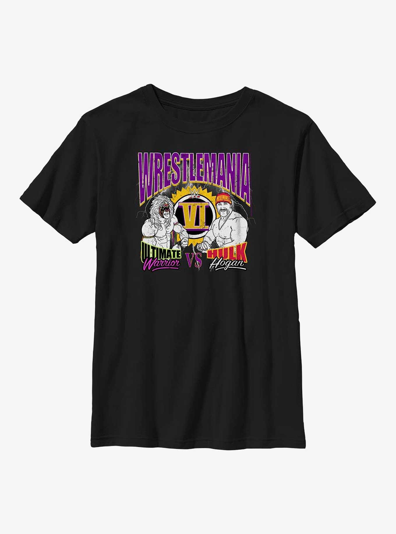 WWE Wrestlemania 6 Ultimate Warrior Vs. Hulk Hogan RetroYouth T-Shirt, BLACK, hi-res