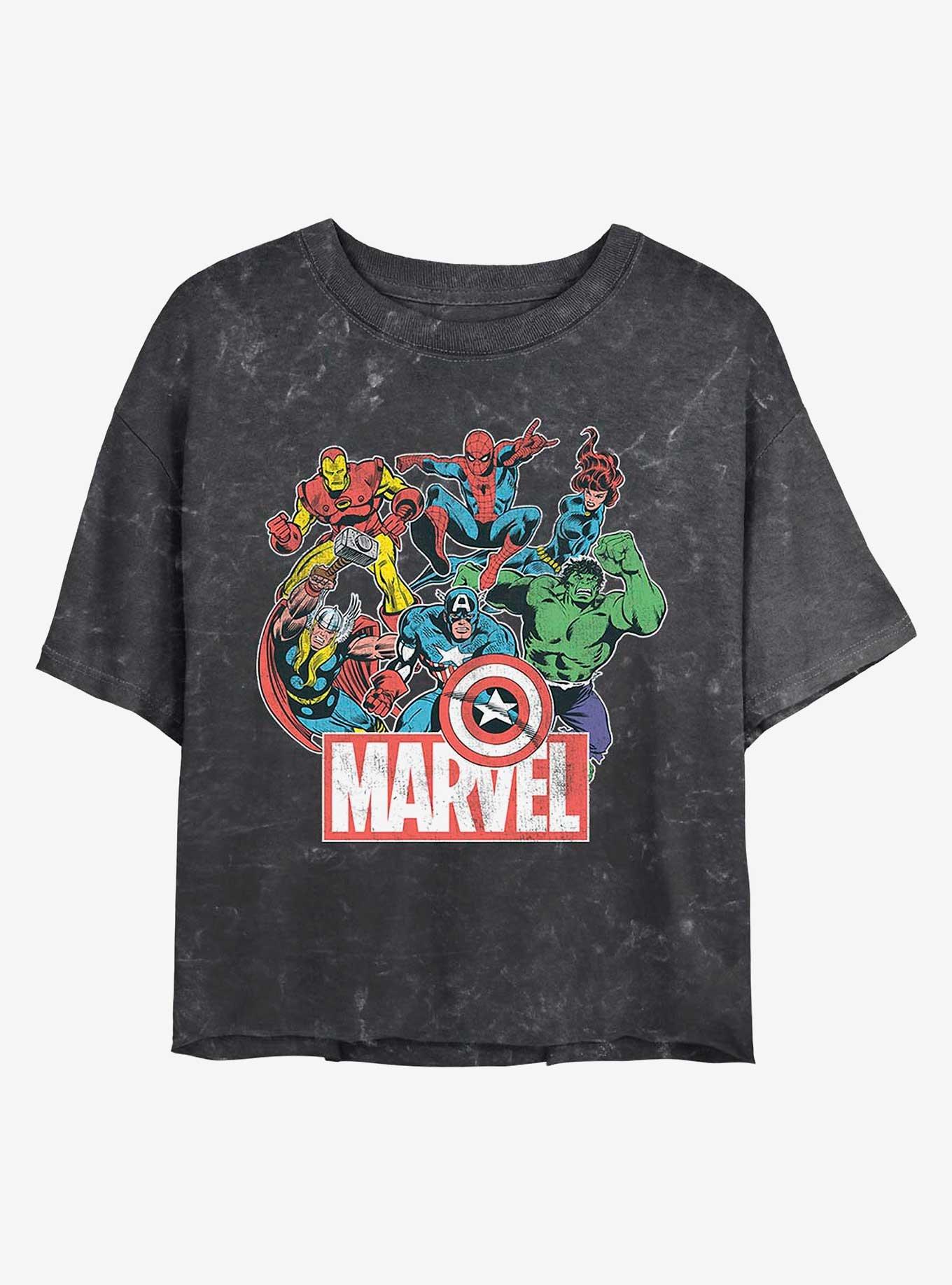 Marvel Avengers Heroes of Today Mineral Wash Crop Womens T-Shirt, BLACK, hi-res