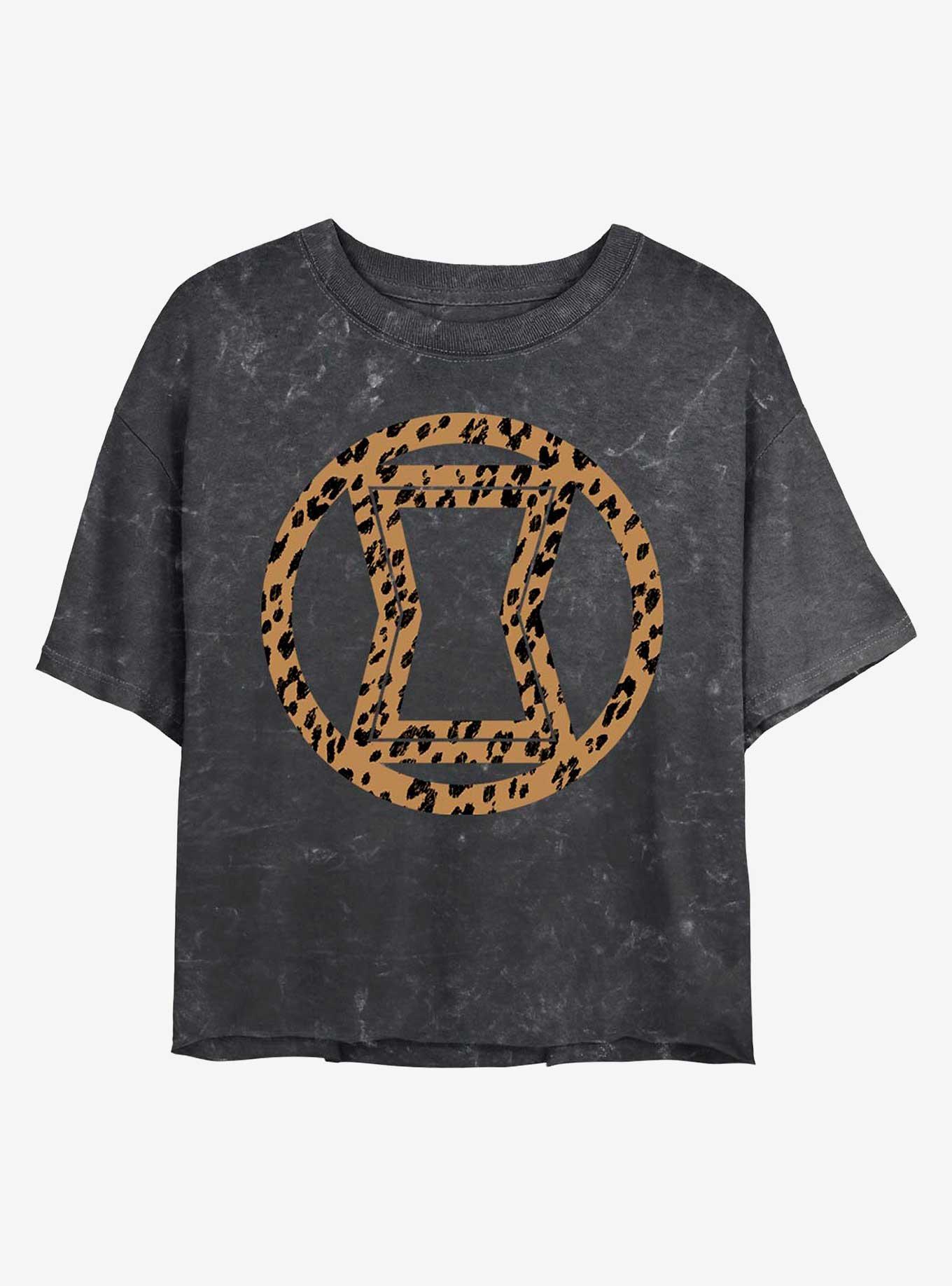 Marvel Black Widow Leopard Fill Widow Logo Mineral Wash Crop Womens T-Shirt, BLACK, hi-res