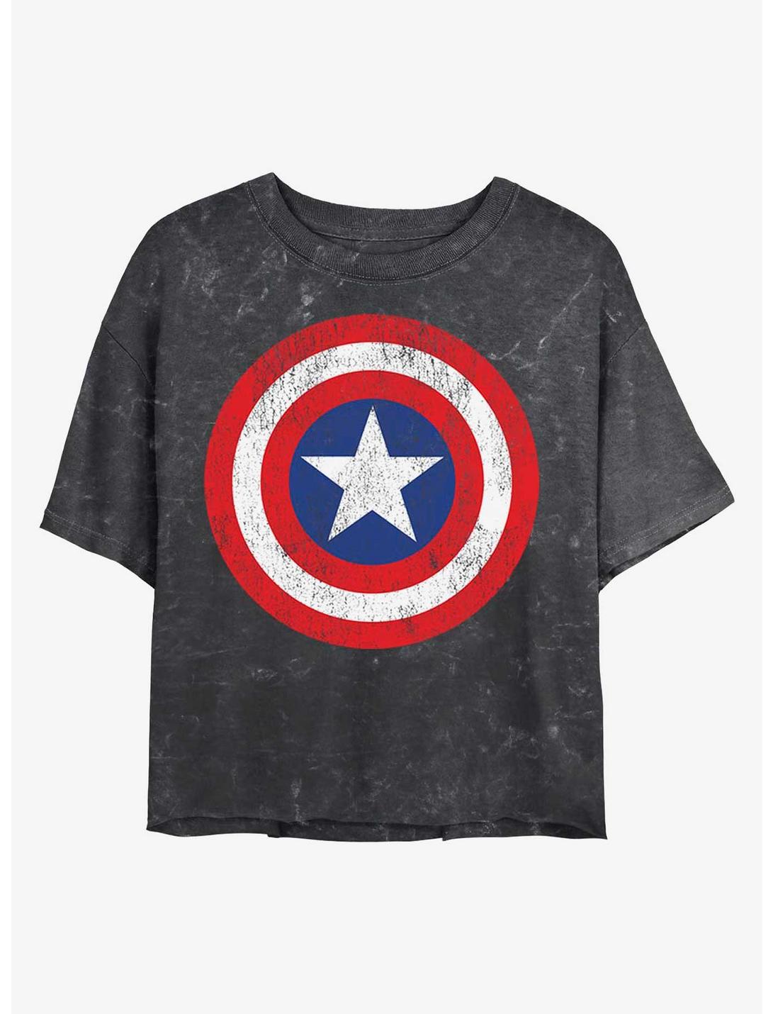 Marvel Captain America Distressed Shield Mineral Wash Crop Womens T-Shirt, BLACK, hi-res