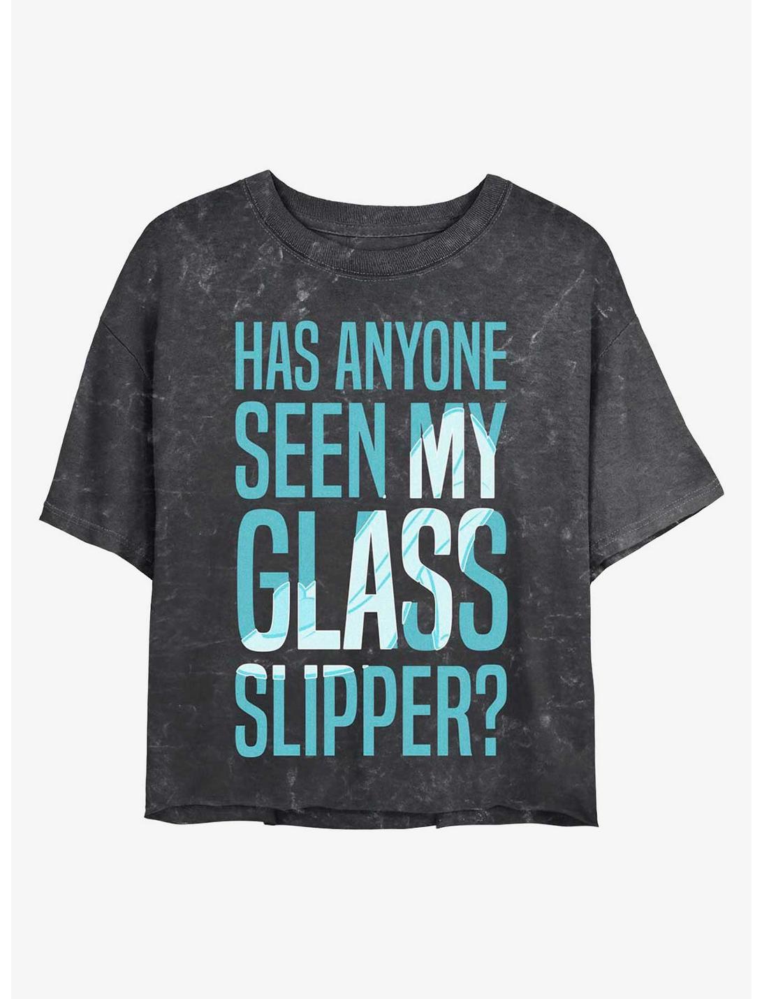 Disney Princesses Missing Glass Slipper Mineral Wash Crop Womens T-Shirt, BLACK, hi-res