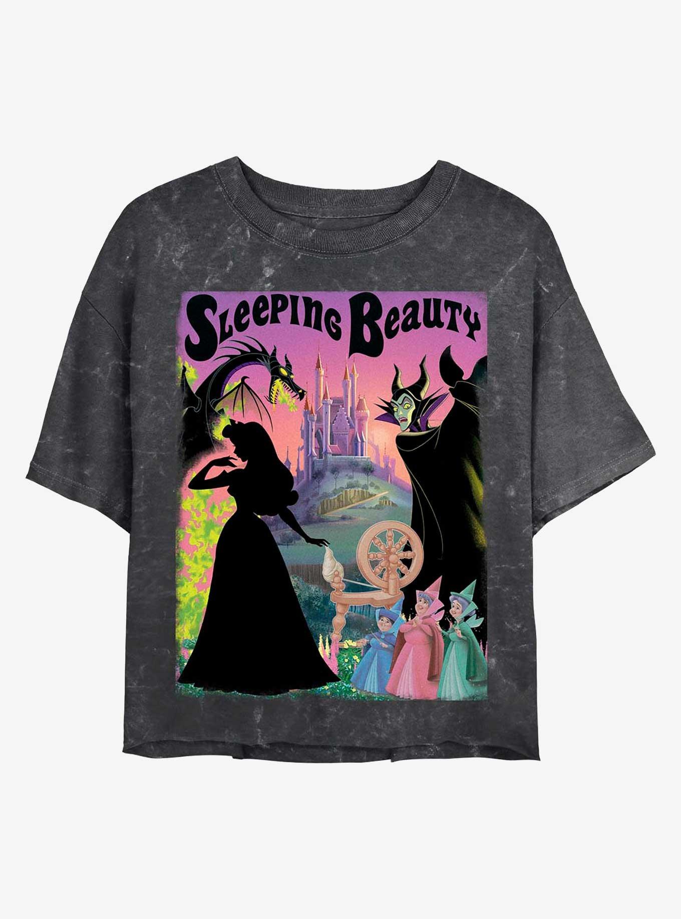 Disney Princesses Sleeping Beauty Poster Mineral Wash Crop Womens T-Shirt, BLACK, hi-res