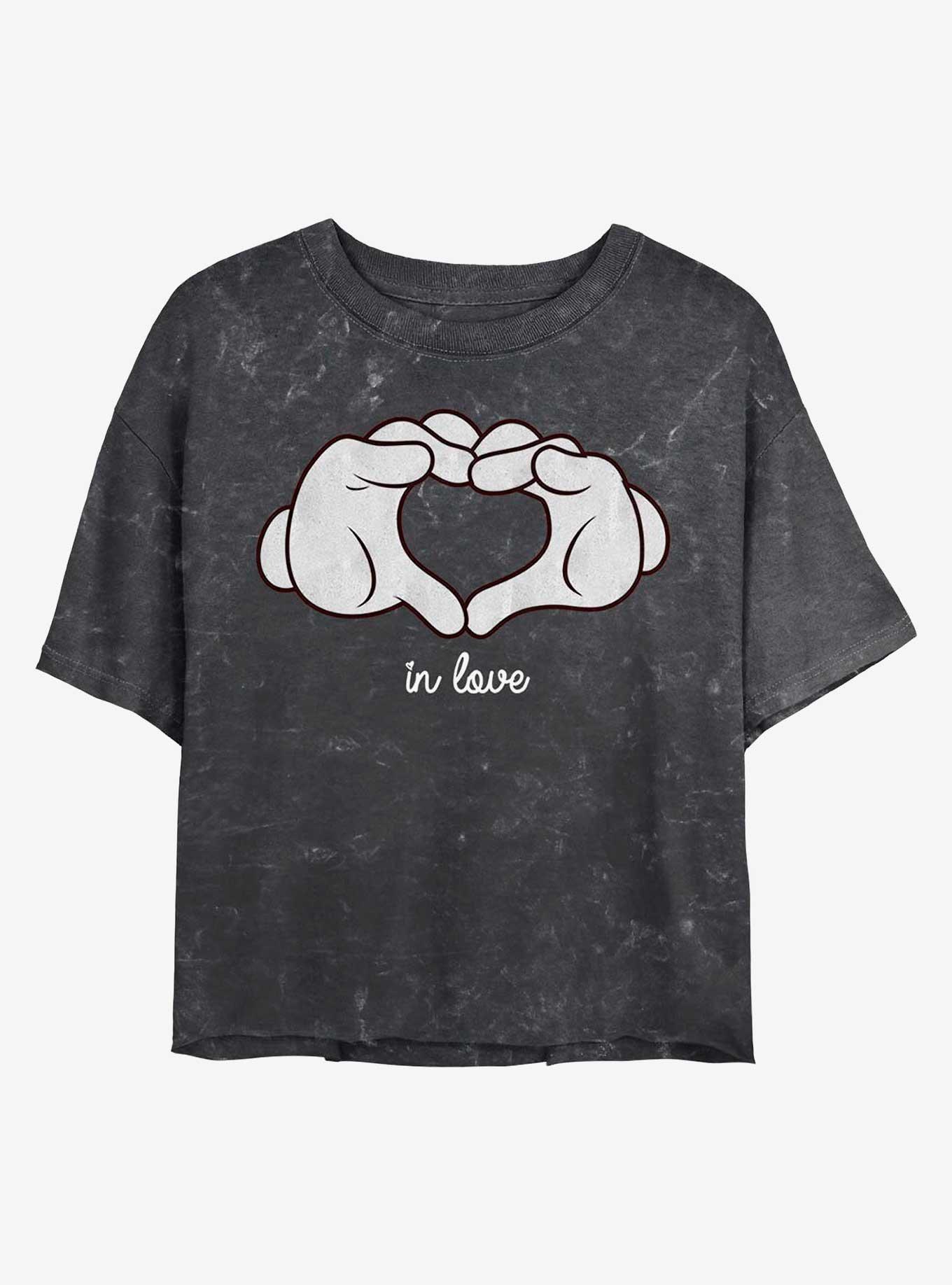 Disney Mickey Mouse Glove Heart Mineral Wash Crop Womens T-Shirt, BLACK, hi-res